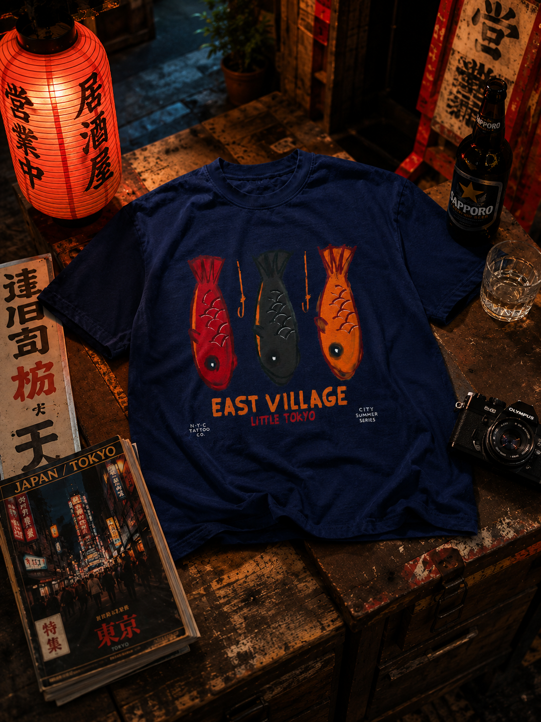 hand painted east village little Tokyo New York City fish vintage tee in navy