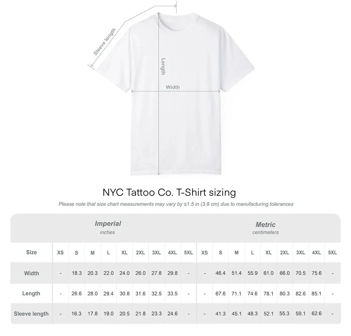 A sizing chart for NYC Tattoo Co. T-shirts, showing measurements for different sizes in inches and centimeters, including width, length, and sleeve length, displayed over a white T-shirt diagram.
