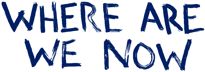 Text image with the phrase 'WHERE ARE WE NOW' written in bold, blue, handwritten-style letters.