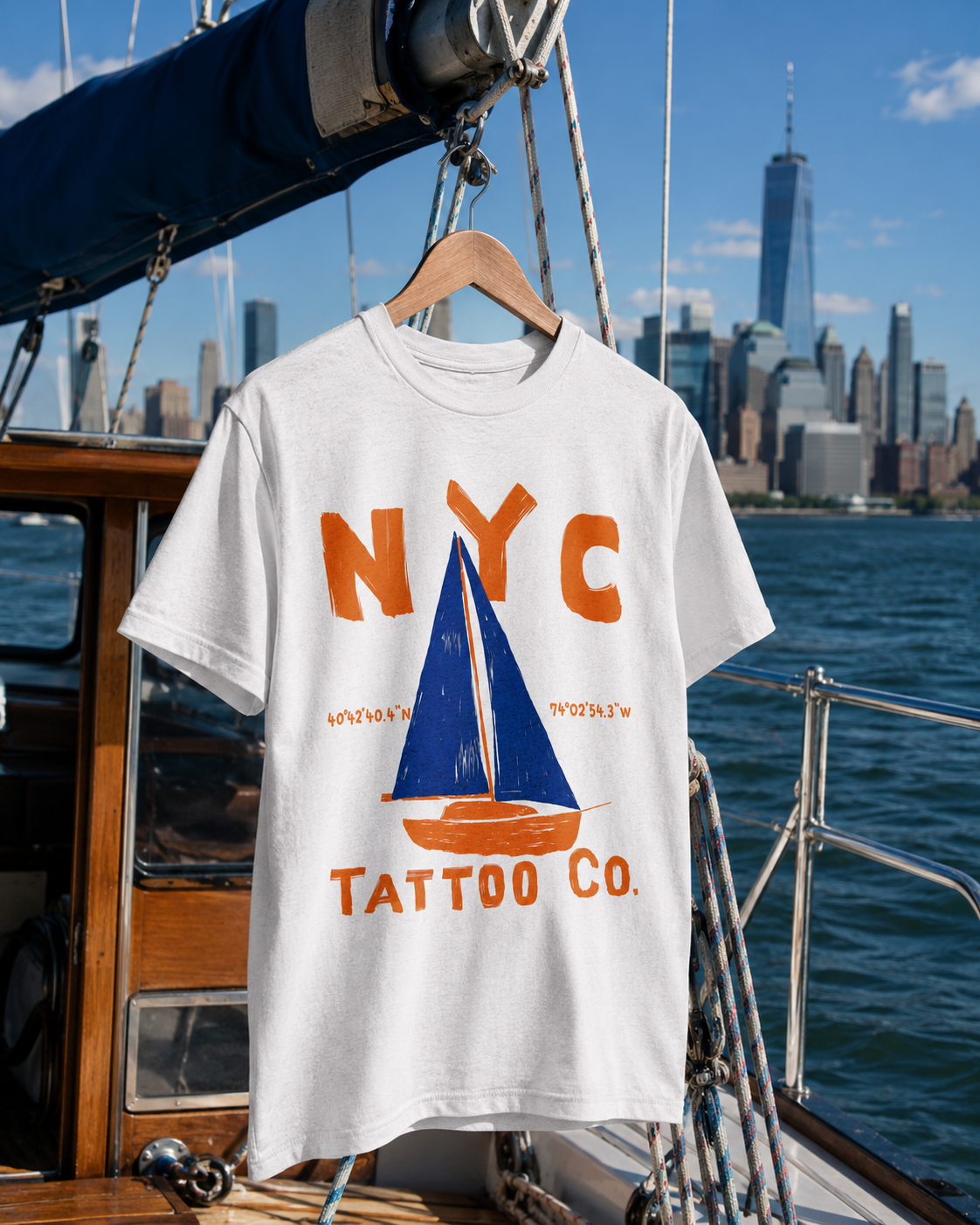 nyc tattoo co. hand painted t-shirt on a sailboat in New York City