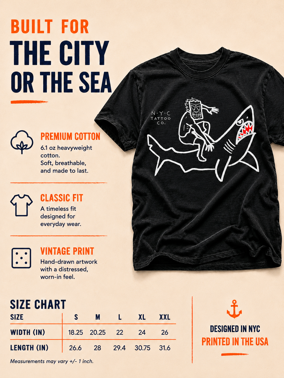 Shark rider t-shirt hawaiian style size chart