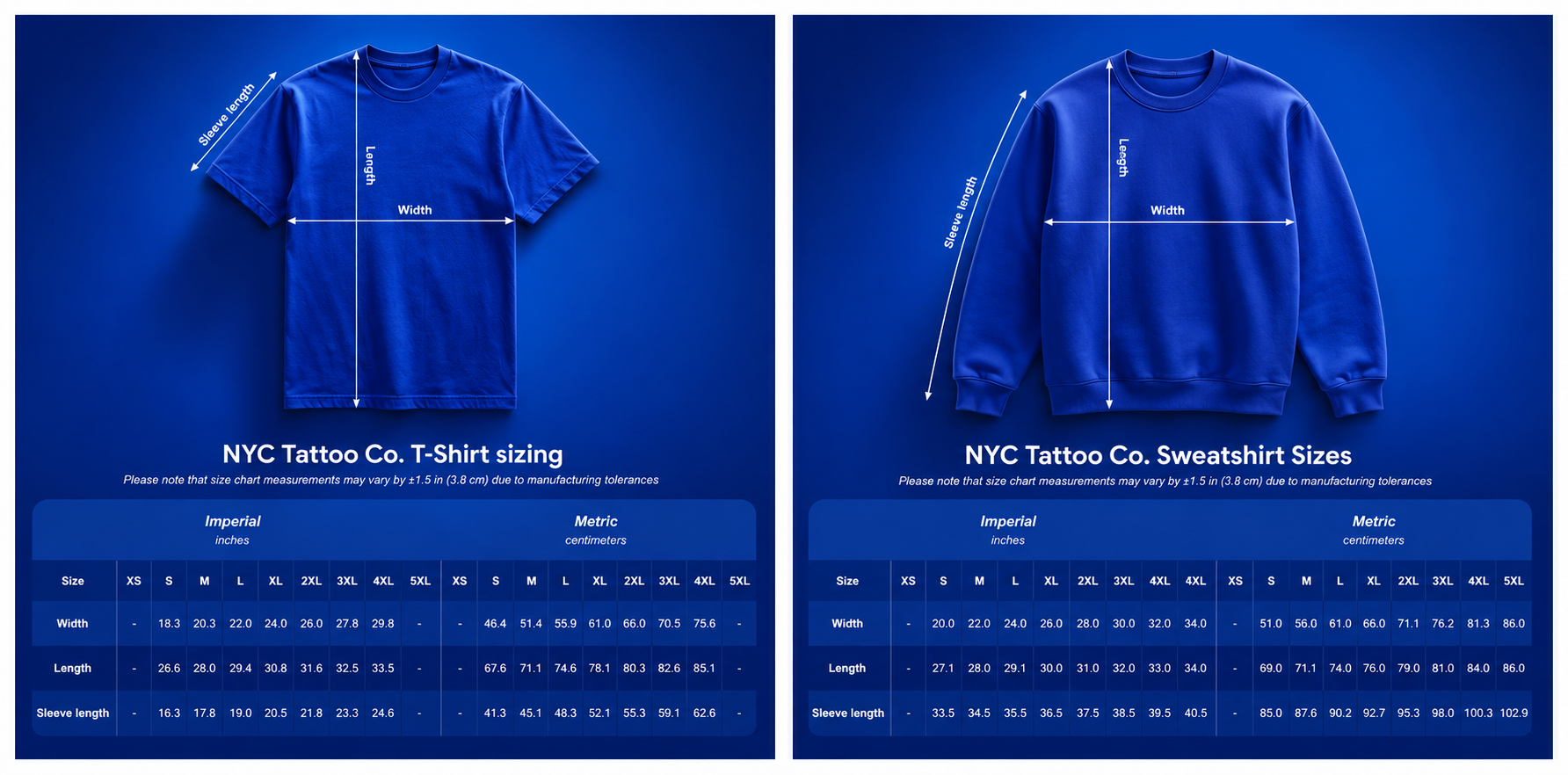 Comparison chart for NYC tattoo company T-shirt and sweatshirt sizes showing measurements in inches and centimeters. The T-shirt has a crew neck design, and the sweatshirt is a crewneck style with long sleeves. The chart includes size options from XS to 5XL, with measurements for width, length, and sleeve length shown for each size.