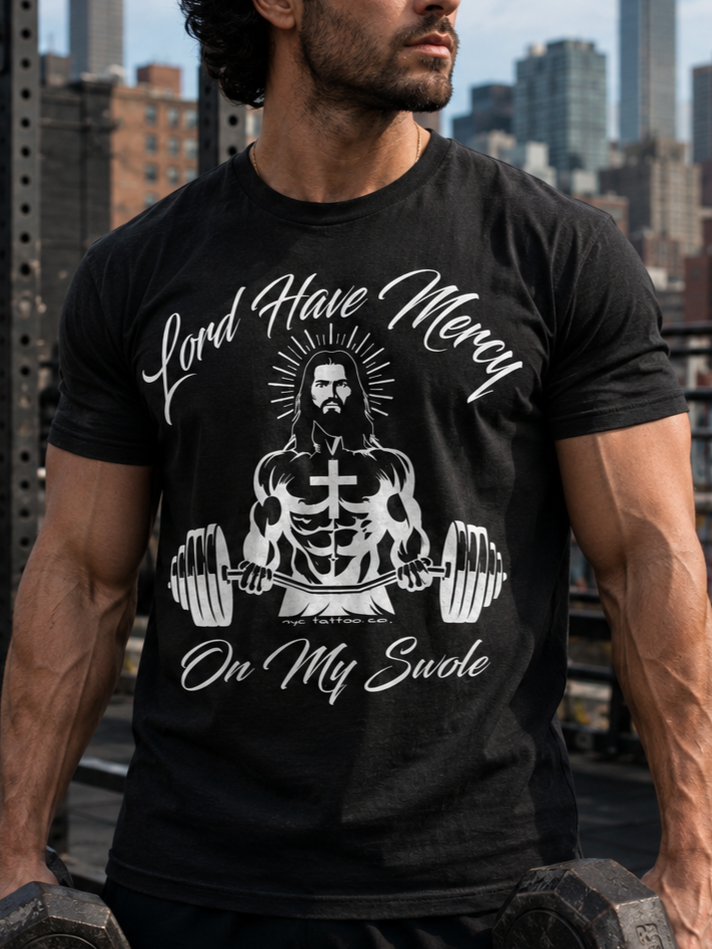Jesus lifting t-shirt, christian workout clothing black heavyweight tee worn by body builder in nyc