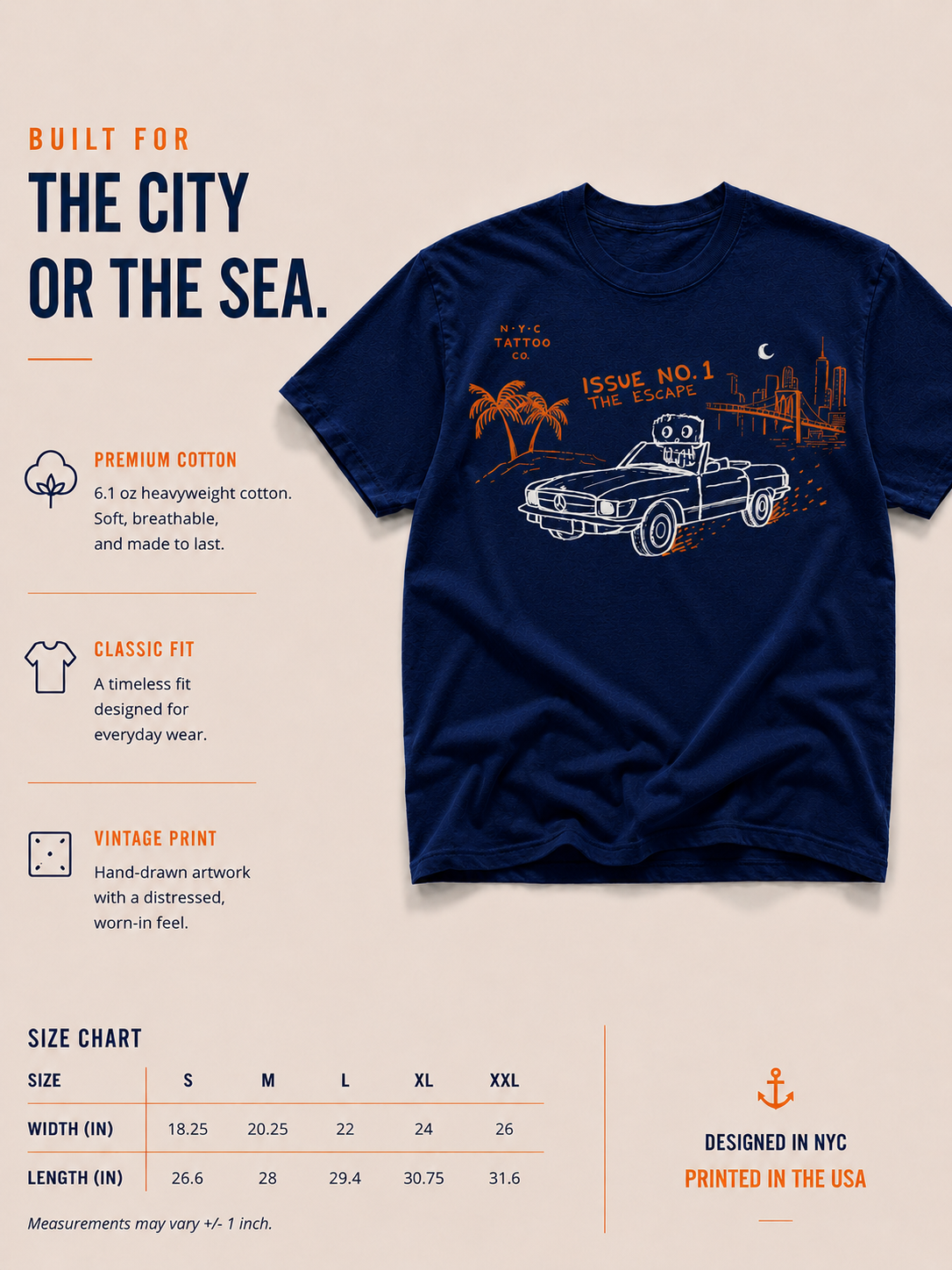 hand painted vintage mercedes t-shirt with palm tree and New York City nyc tattoo co. size chart