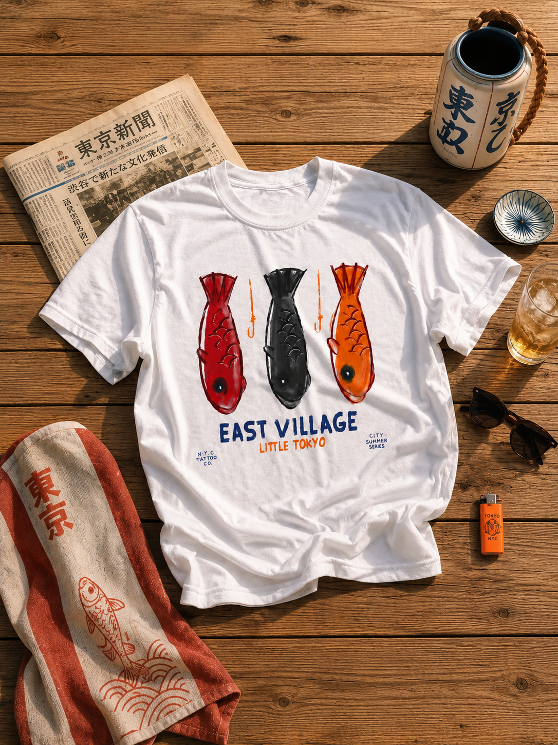 hand painted east village little Tokyo New York City fish vintage t-shirt in white