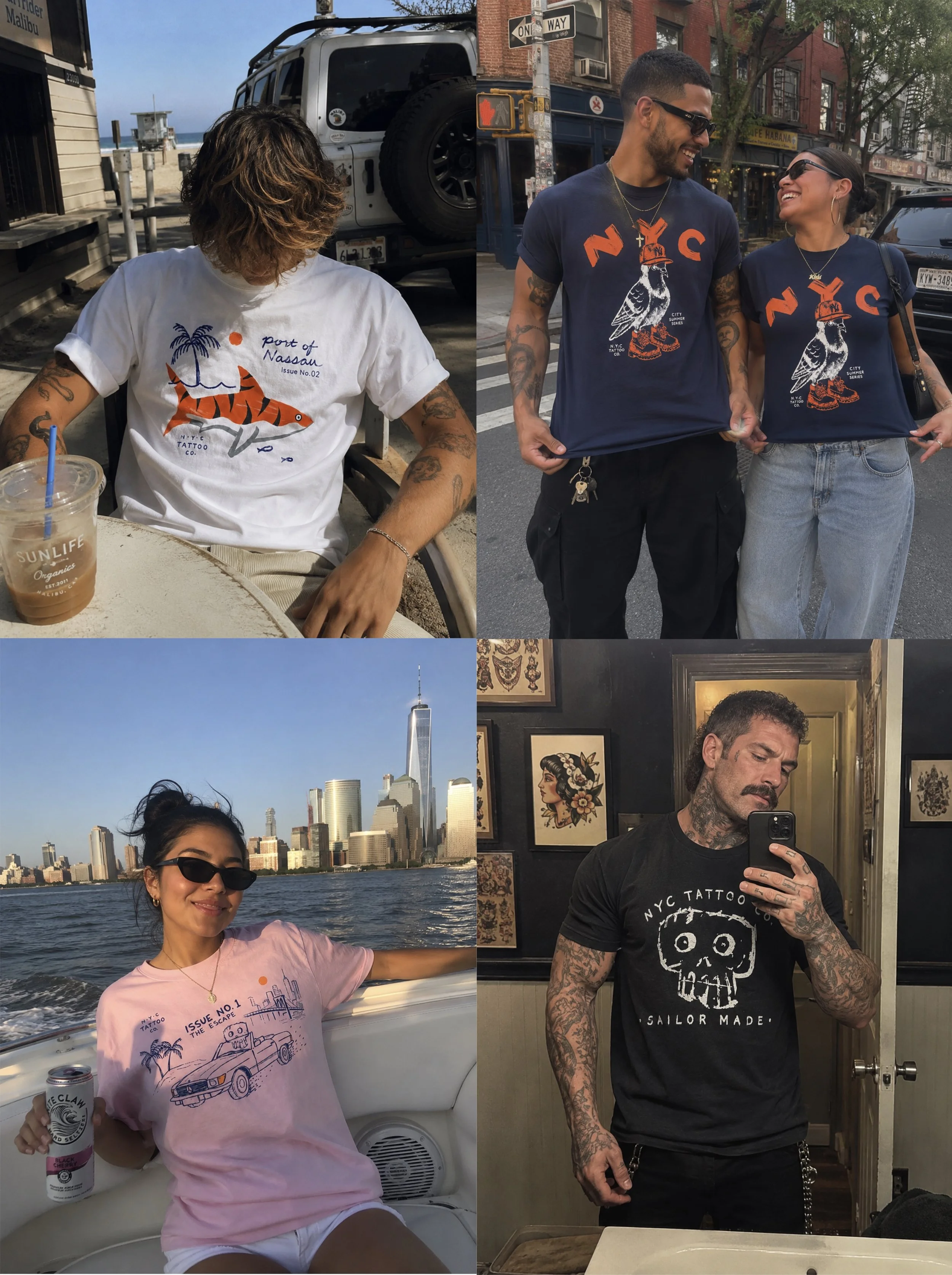 wearing nyc tattoo co. clothing.A collage of four photographs featuring people in urban and outdoor settings.  The top right shows a man and woman wearing matching blue T-shirts with a bird graphic, smiling and walking on a city street. NYC tattoo co