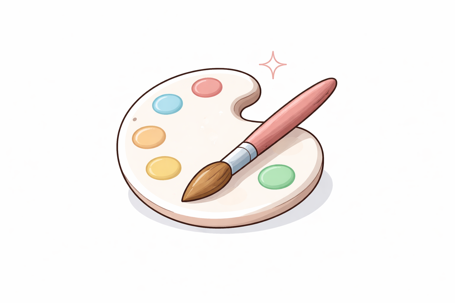 Digital illustration of an artist's palette with five colored paint blobs (blue, red, yellow, orange, green) and a paintbrush resting on it with a star-shaped sparkle above.