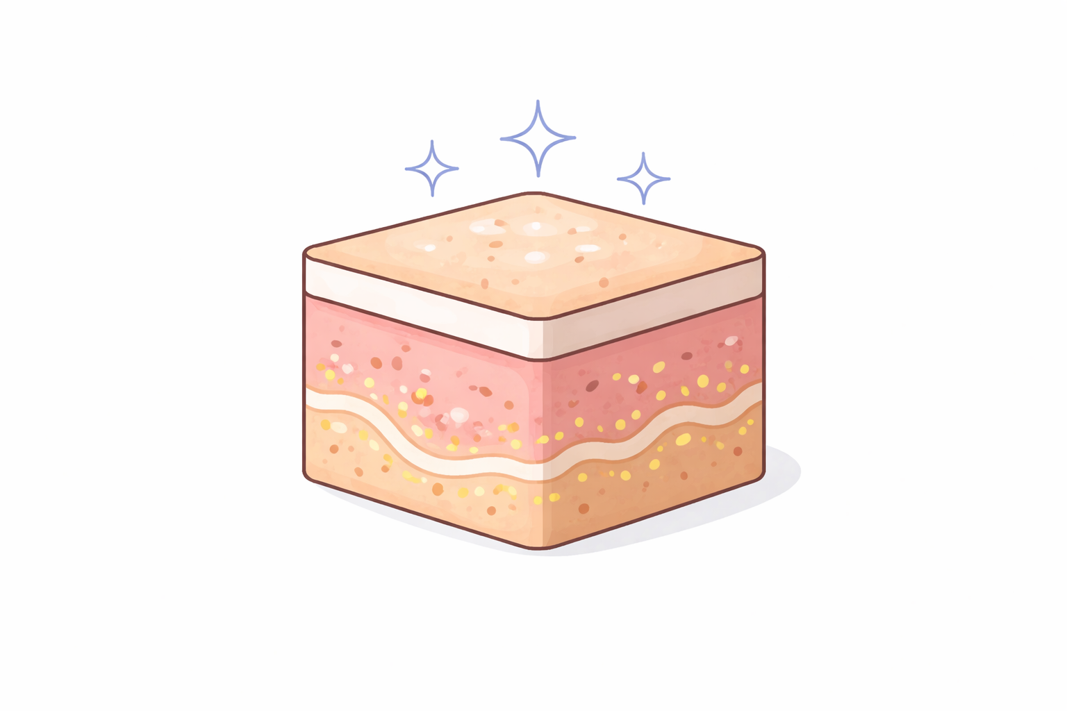 A sparkling, animated illustration of a layered dessert or cake with pink and white layers and decorative golden sprinkles.