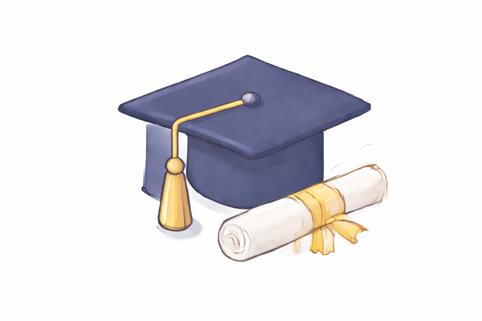 An illustration of a navy blue graduation cap with a gold tassel, a rolled diploma tied with a gold ribbon, representing academic achievement.