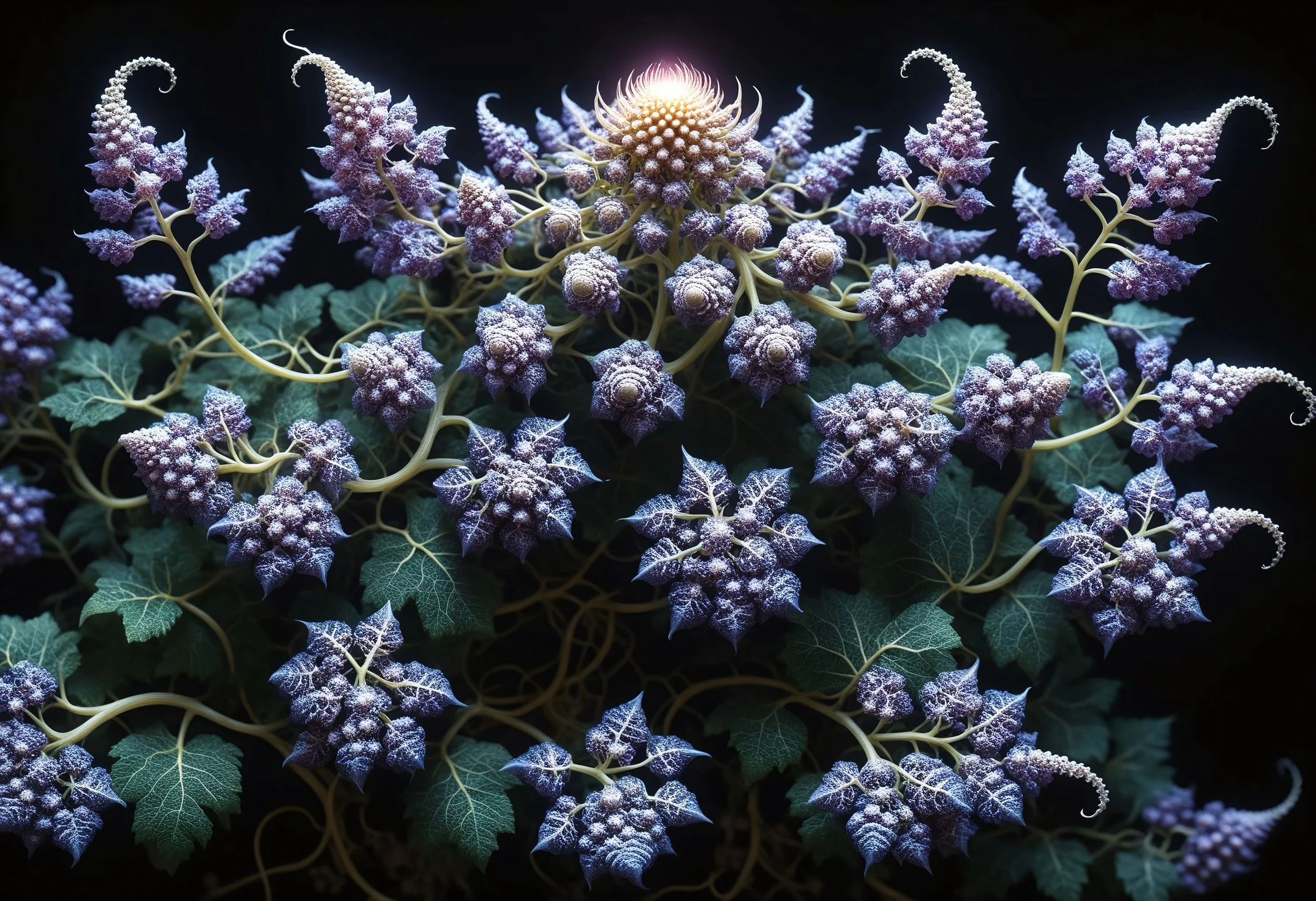 Close-up of a cluster of purple flowers with green leaves, dusted with white powder, with a dark background.