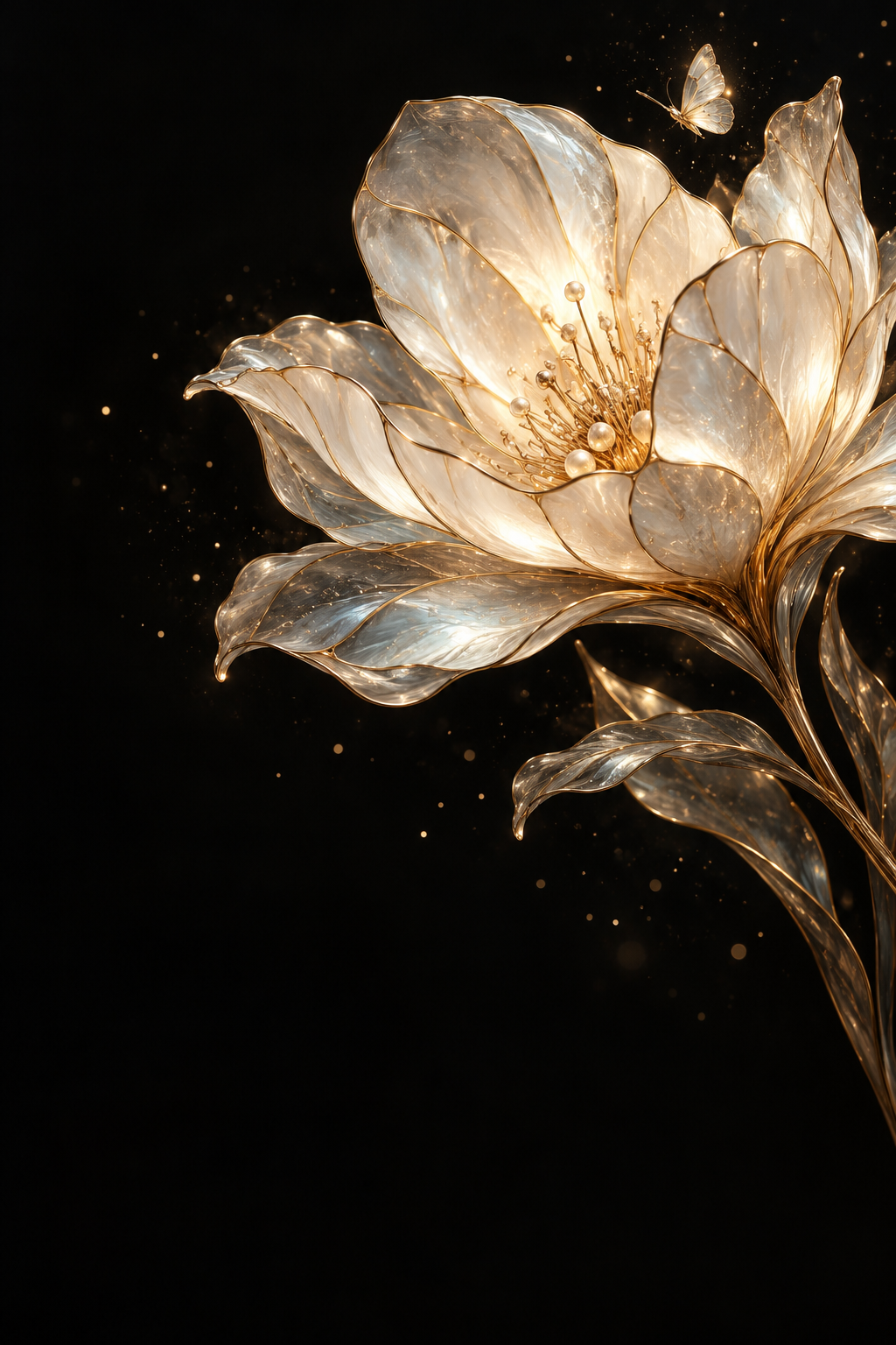 Luminous ivory stained-glass flower with gold seams and a butterfly against a dark background