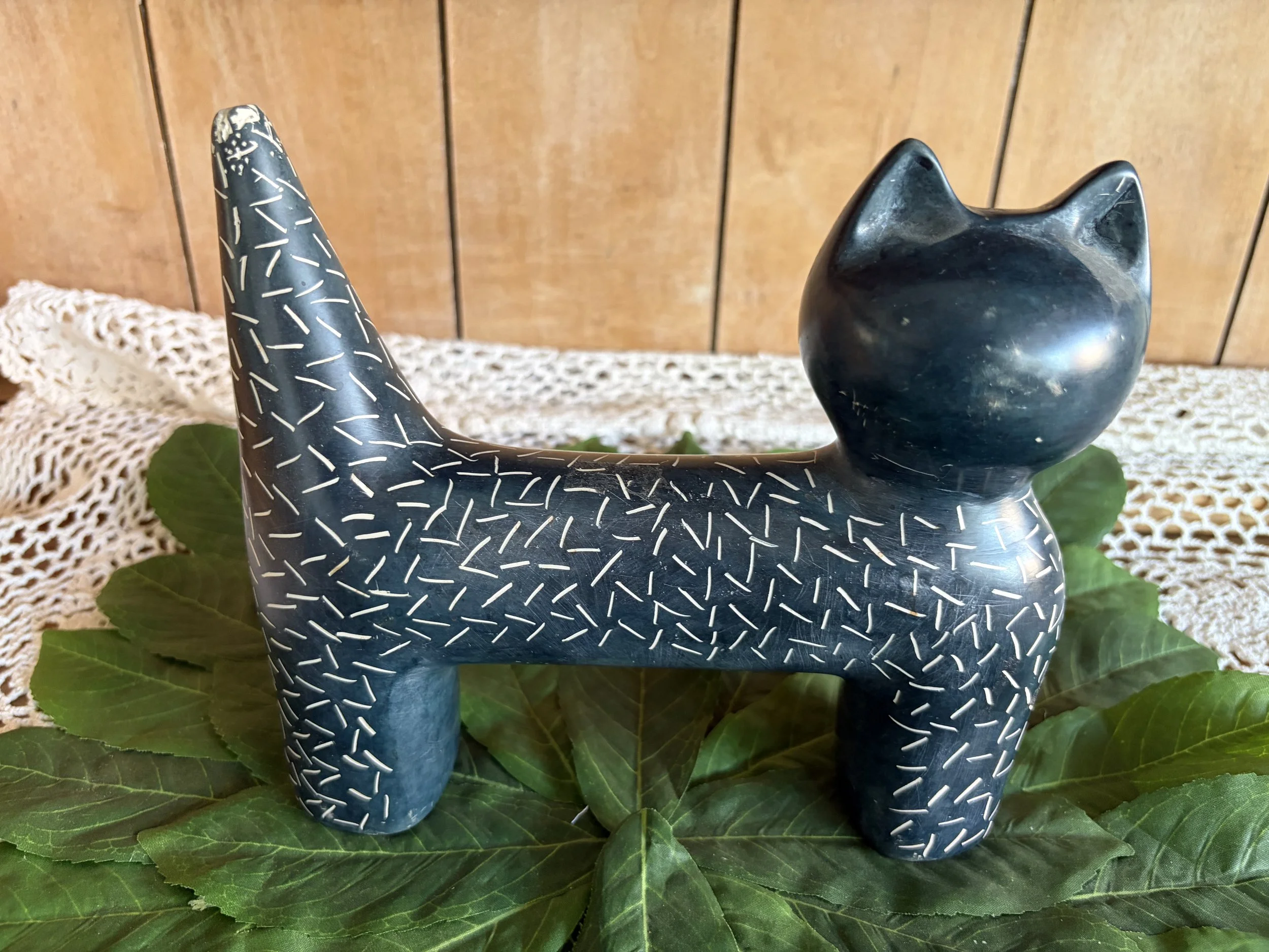 Kenyan hand-carved soapstone collectible with white etched patterns