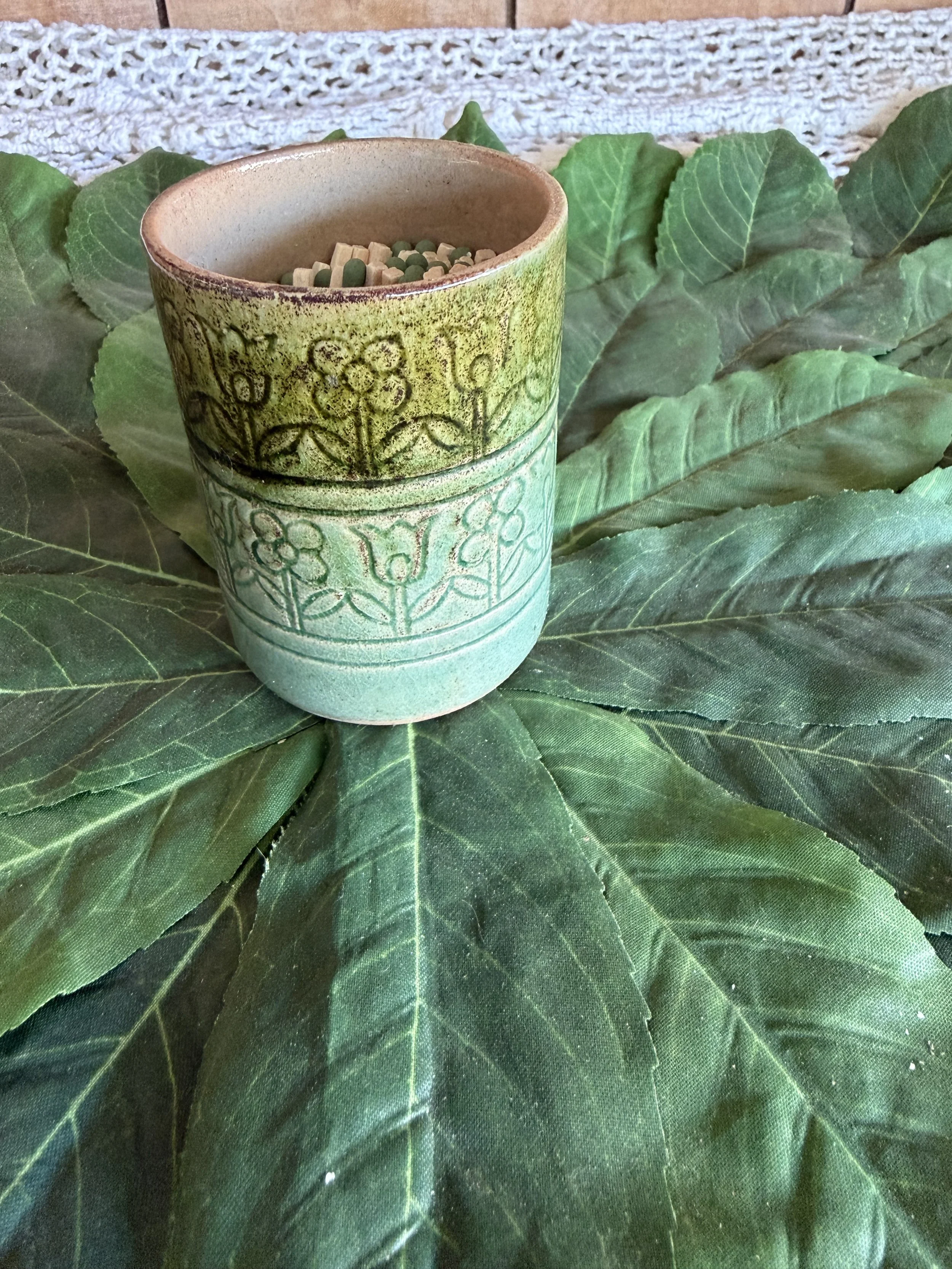 Sweet Vintage Italian Ceramic Cup with Two-Tone Green Glaze Stamped Floral Pattern