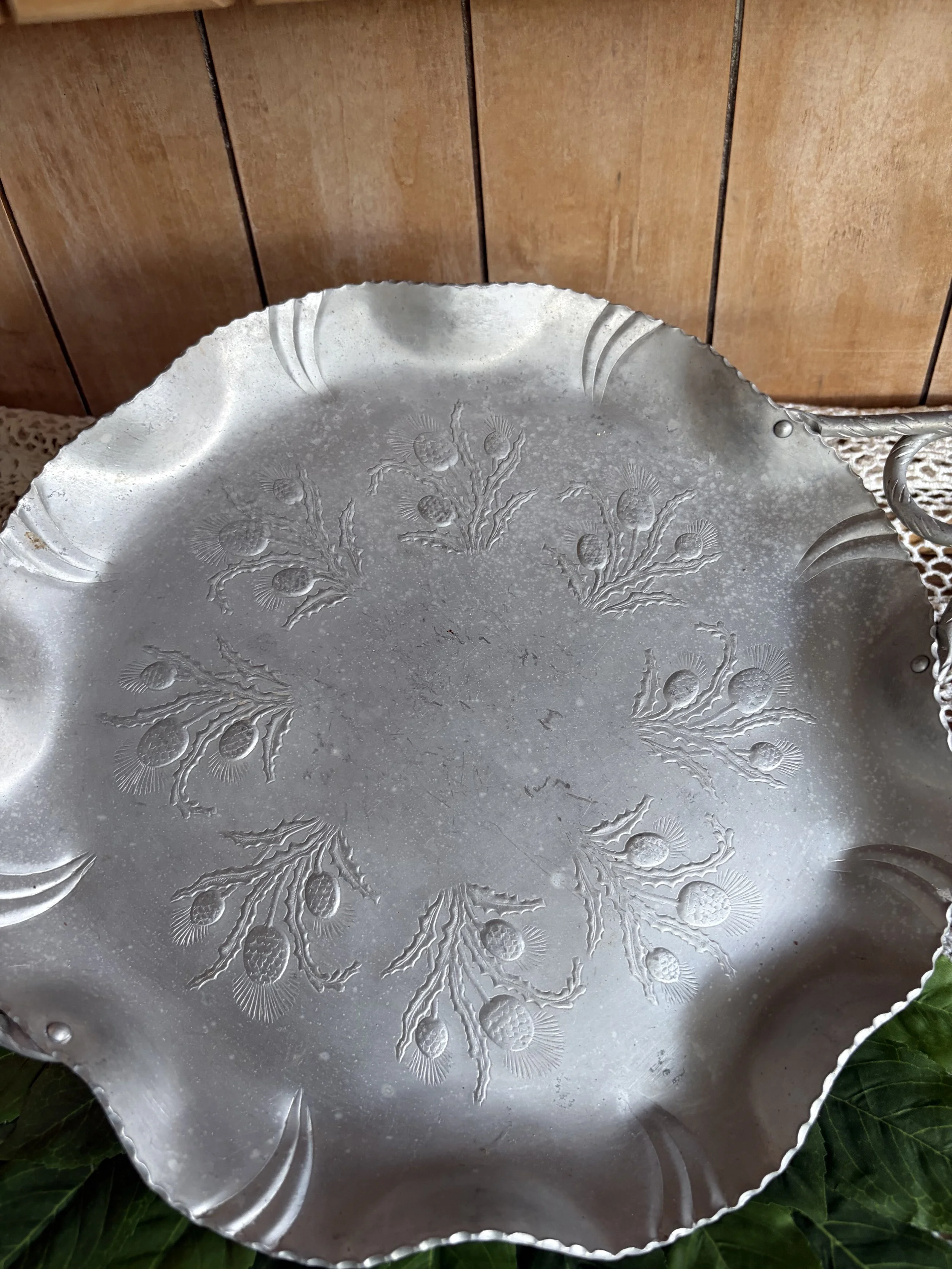 Vintage Floral Aluminum Ruffled Serving Tray