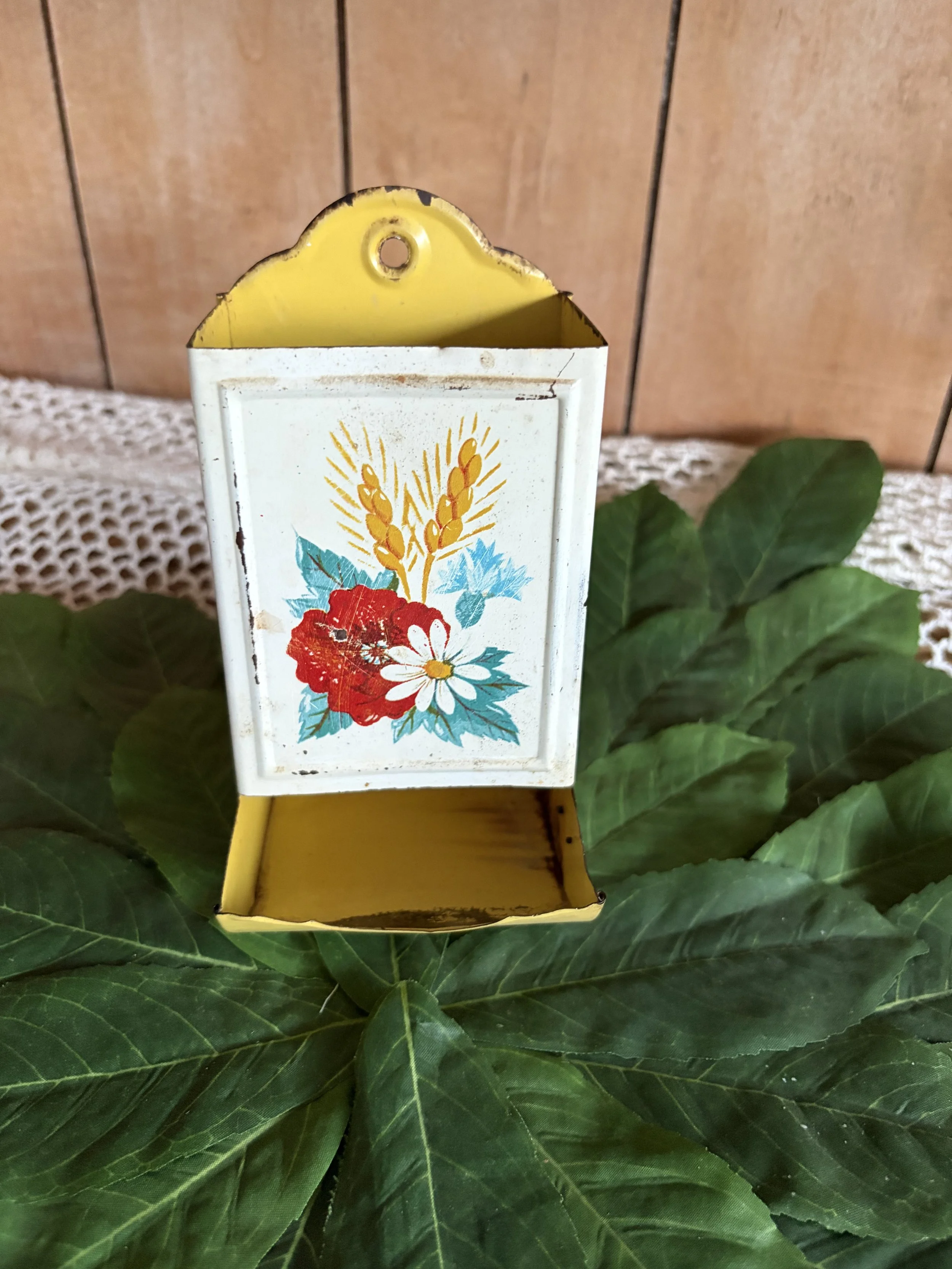 Adorable Tin Floral Yellow and White Match Stick Holder