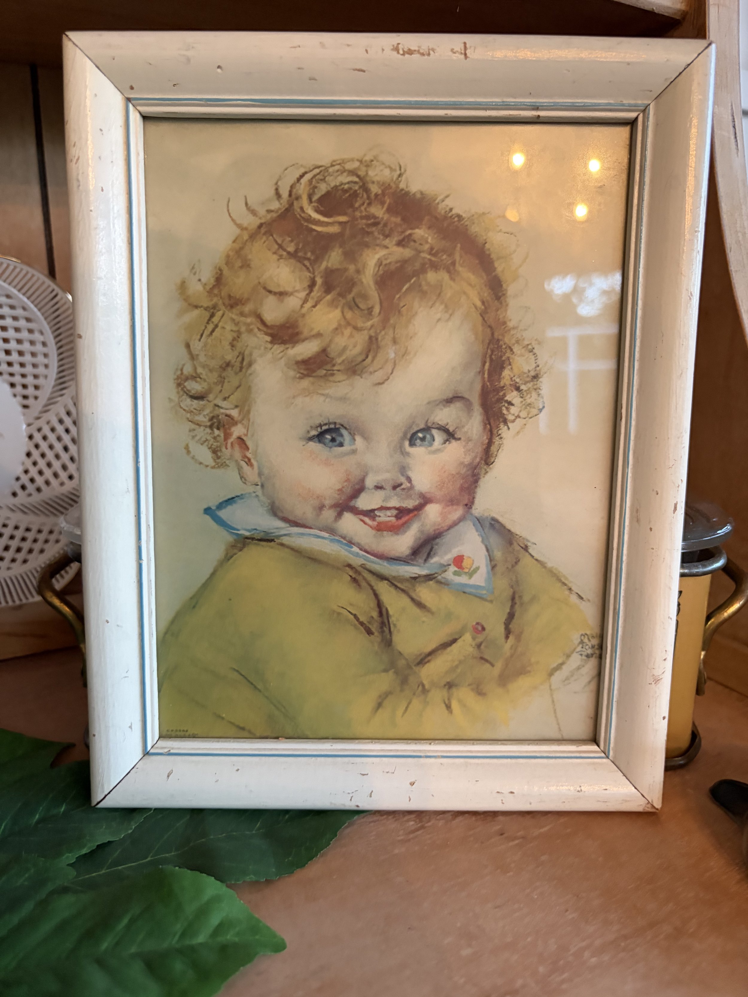 1930’s Maude Tousey Rangel Framed Baby Print 7 X 9.5 Vintage MCM Retro French
