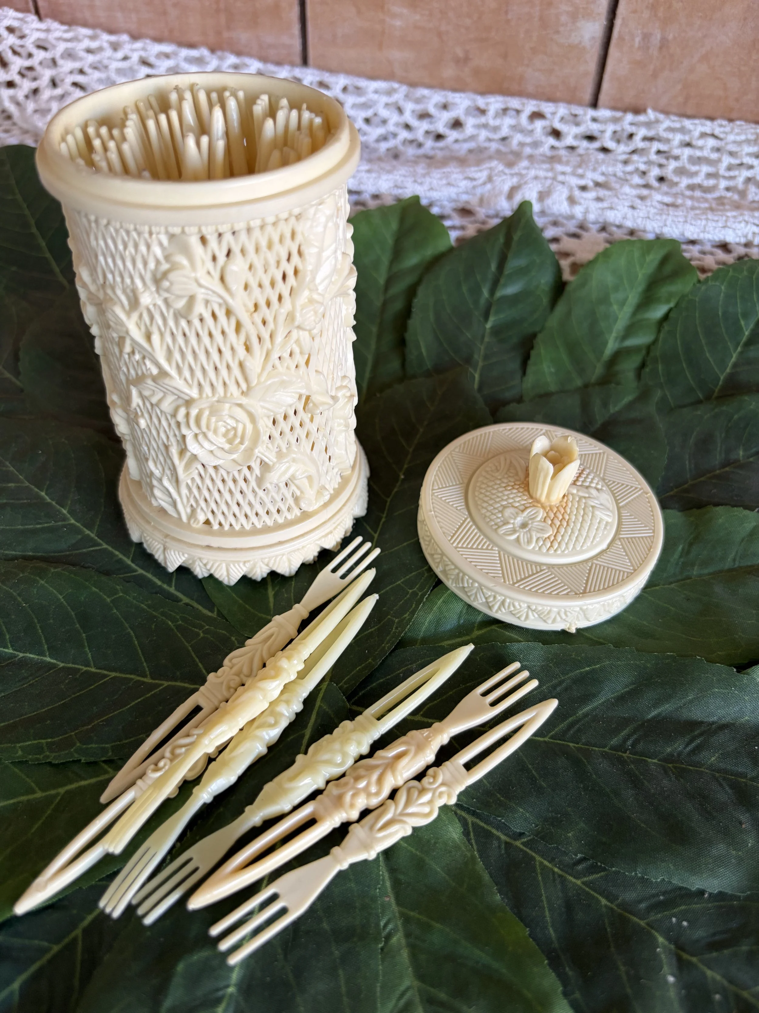 Vintage MCM Faux Ivory Celluloid Cocktail Forks