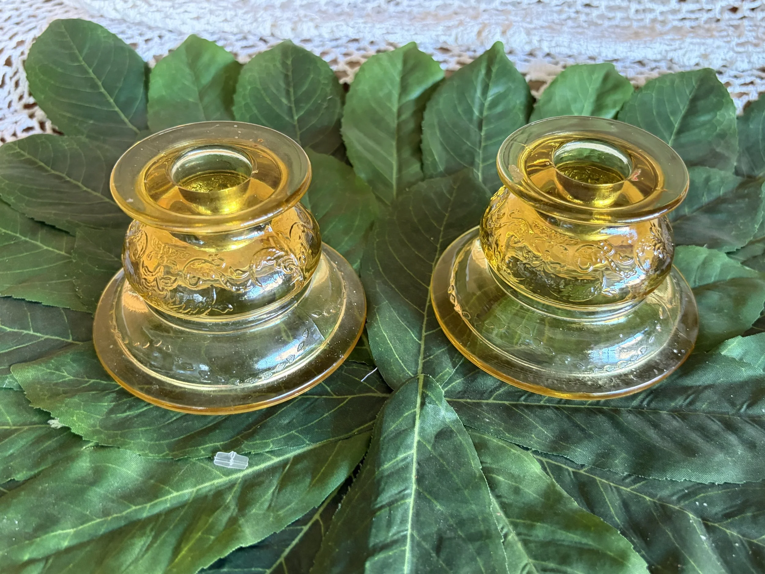 Set of Indiana Glass Single Light Candlestick Recollection Amber