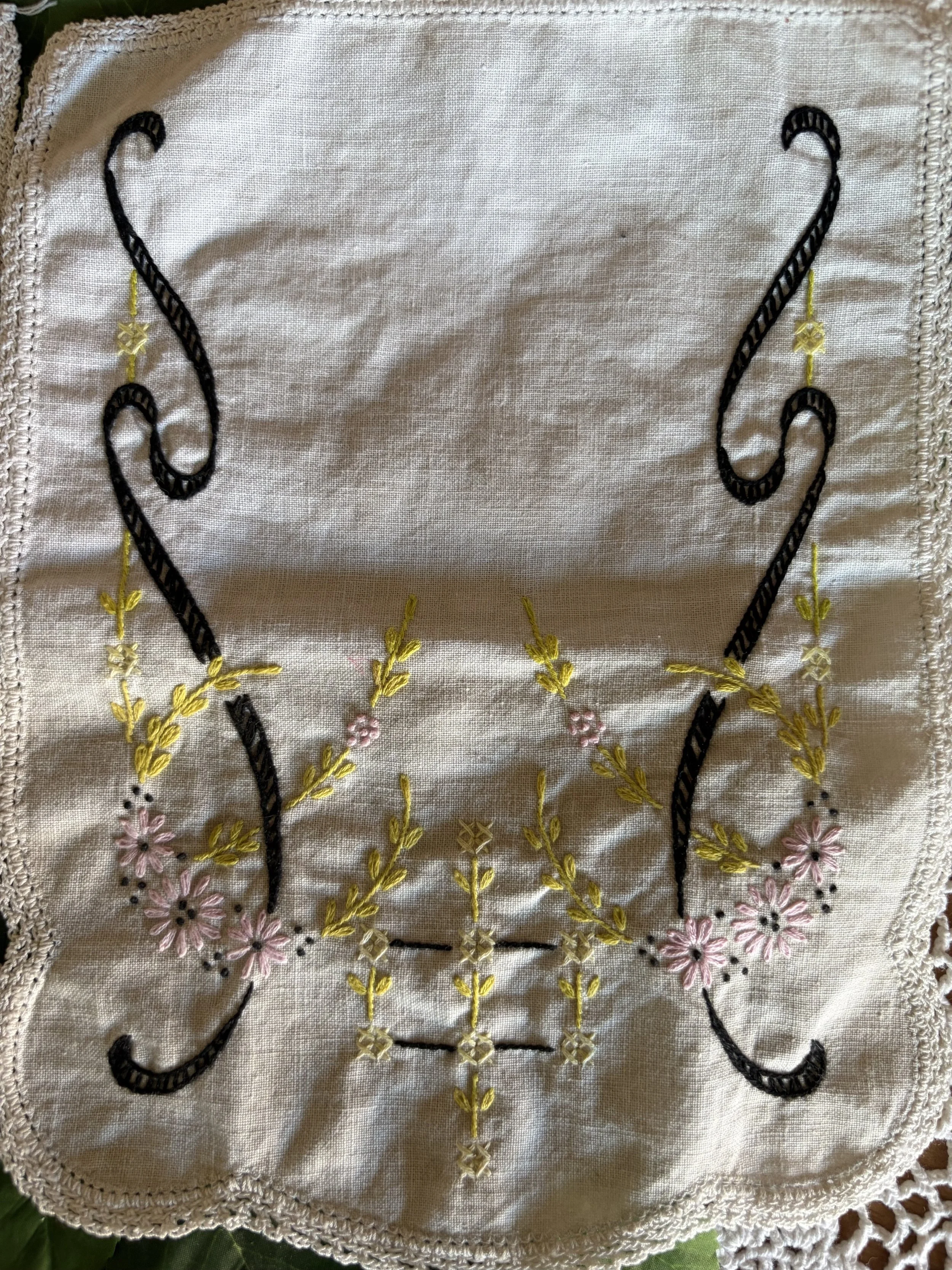 Pair of Linen Embroidered Dresser Scarves
