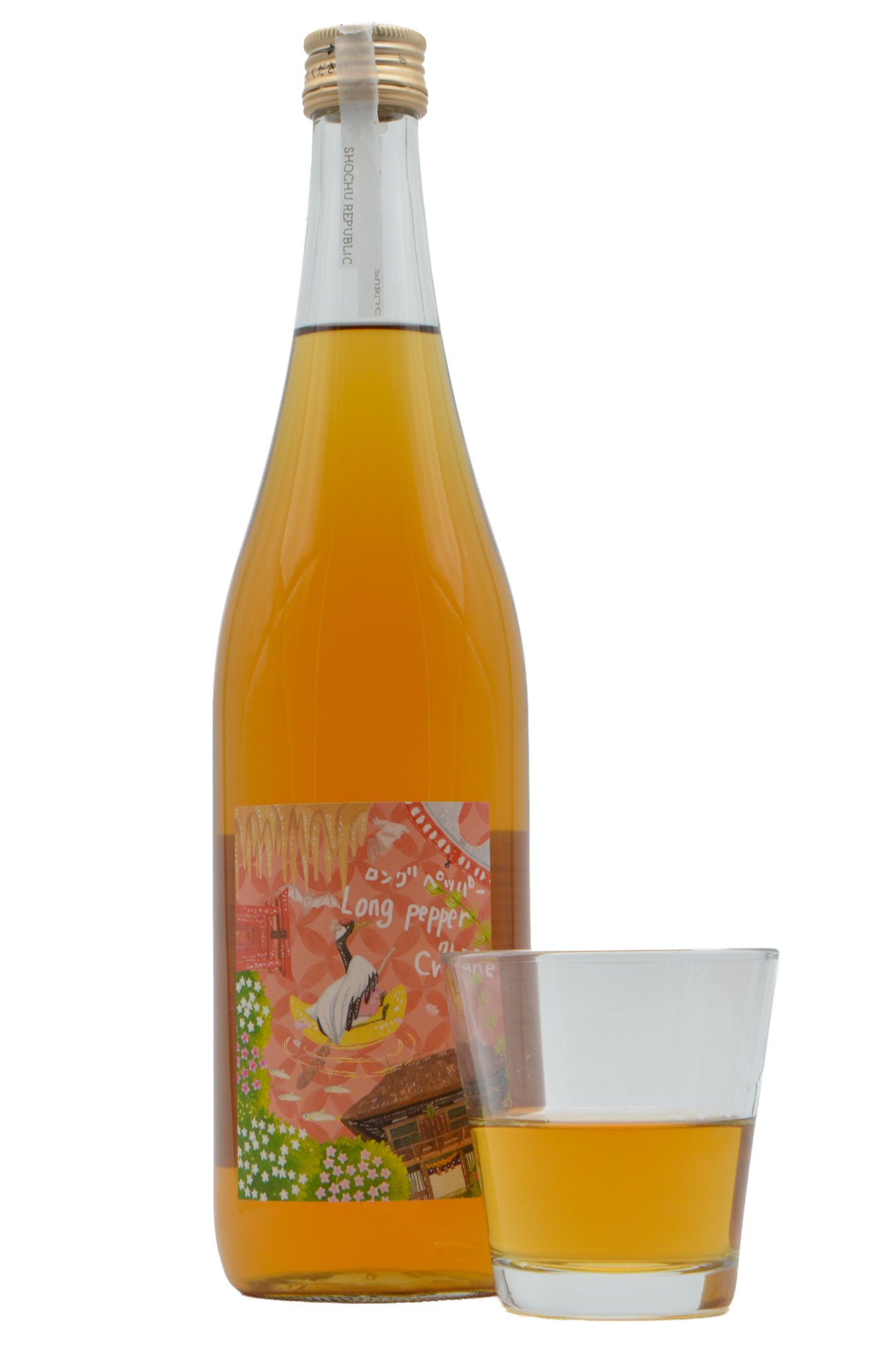 A bottle of Shochu Republic Long Pepper Crane with poured glass