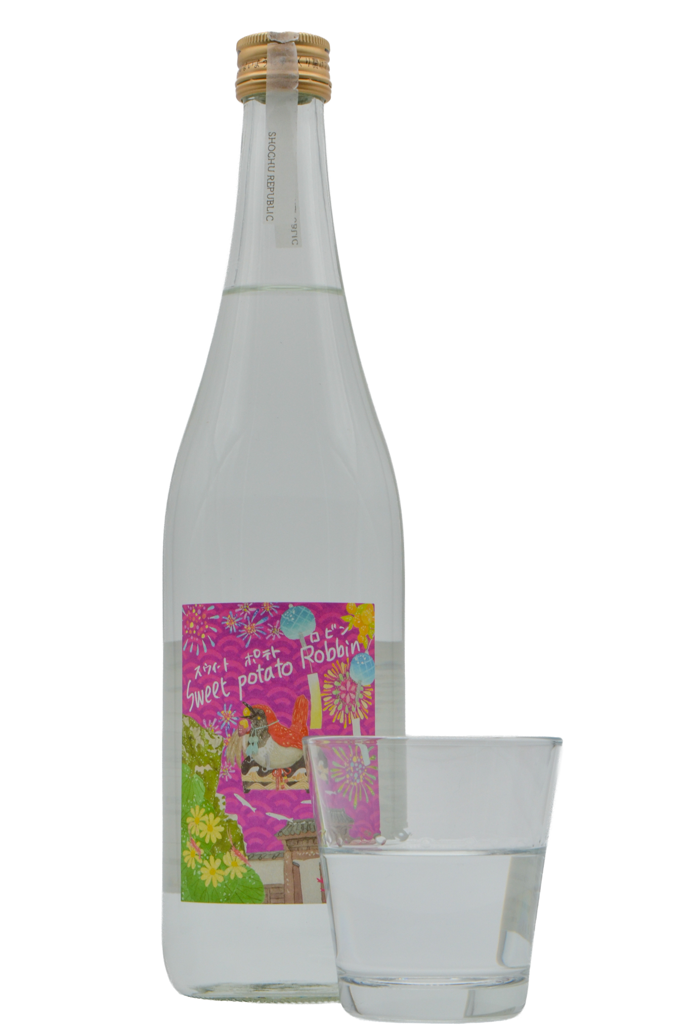 A bottle of Shochu Republic Sweet Potato Robbin with poured glass