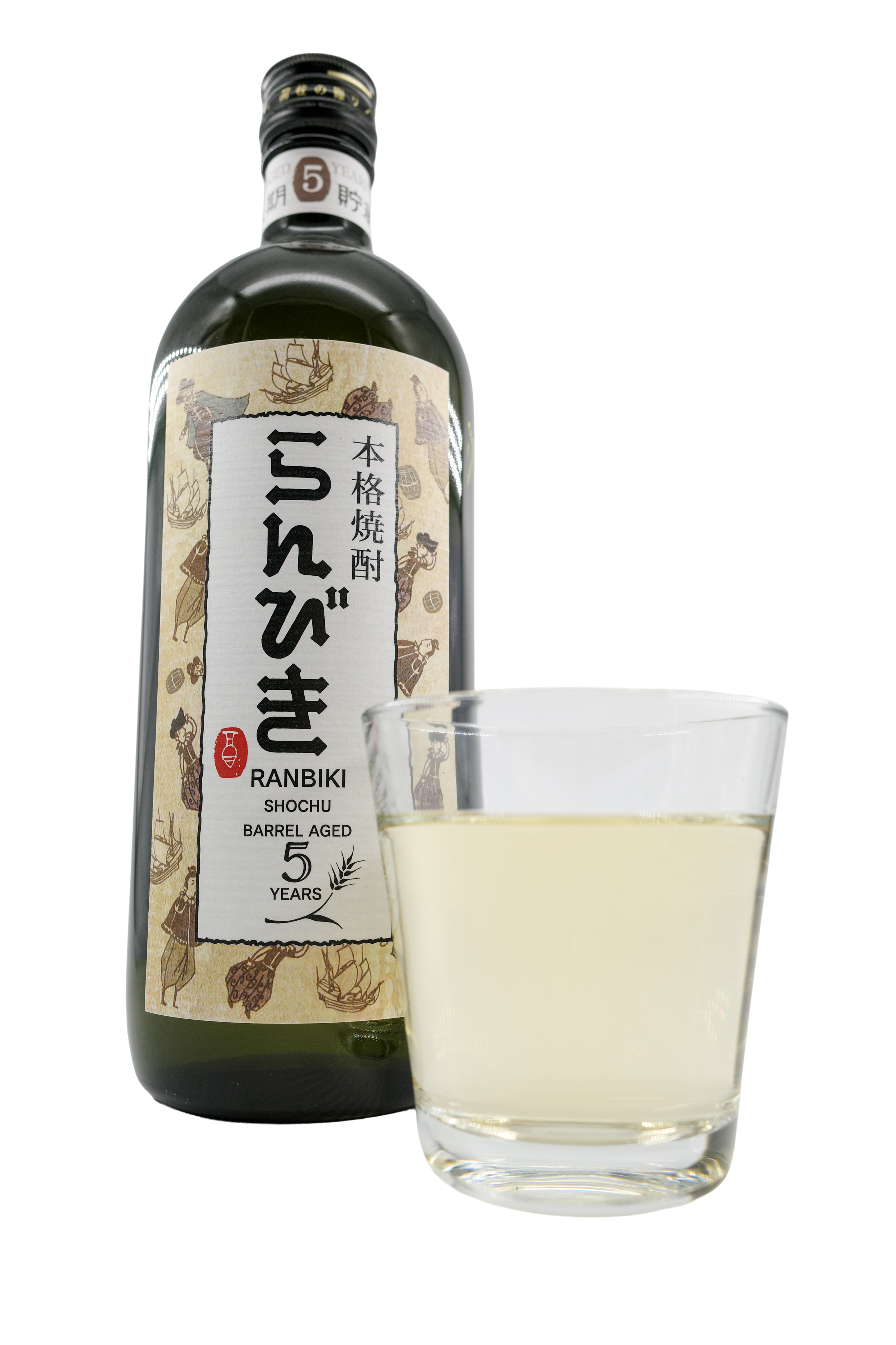 A bottle of Ranbiki Shochu barrel-aged for 5 years and a glass filled with the drink.