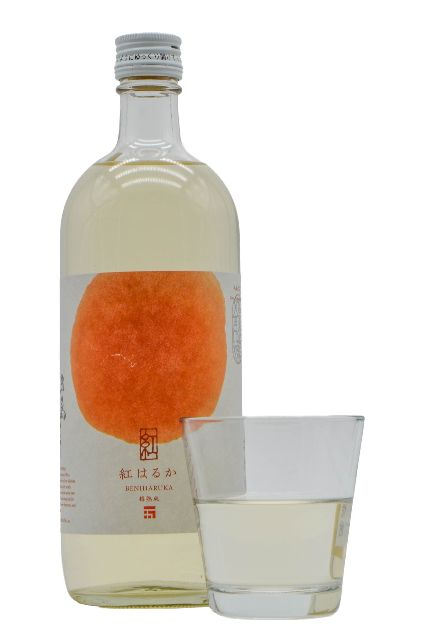 A bottle of Goto Imo Beniharuka Cask-Aged Shochu with poured glass