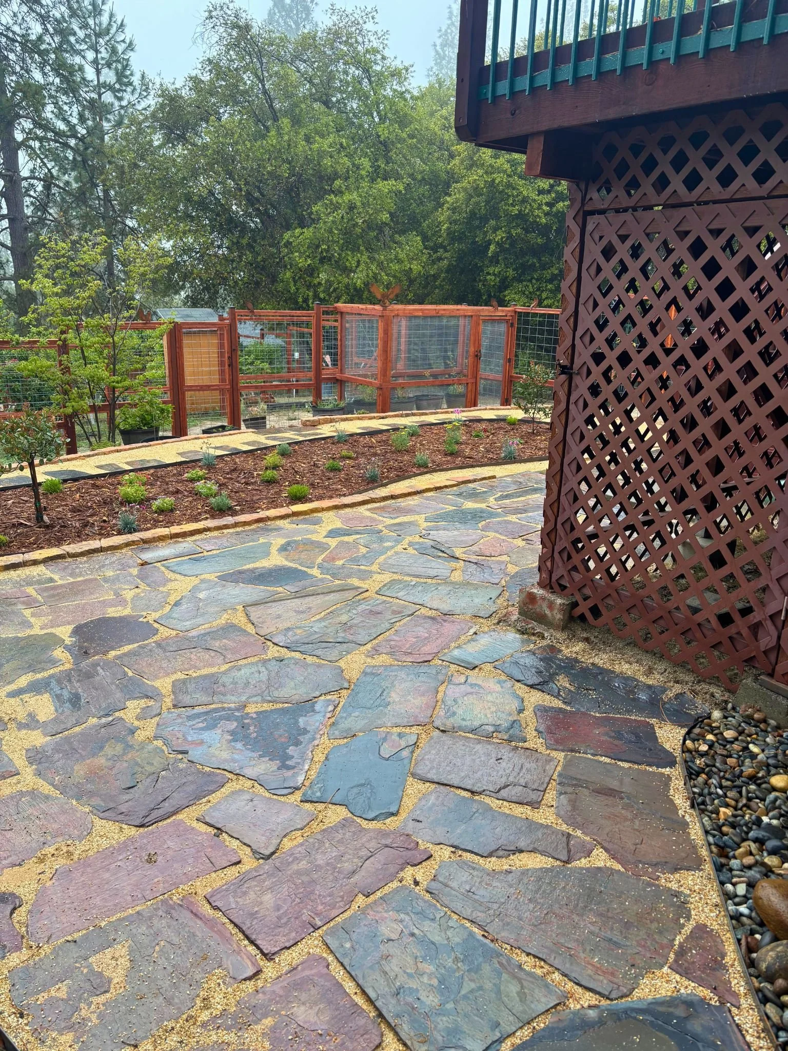 A backyard garden with a stone pathway, small plants and shrubs, a wooden and wire fence, and a deck with lattice under partial shade.