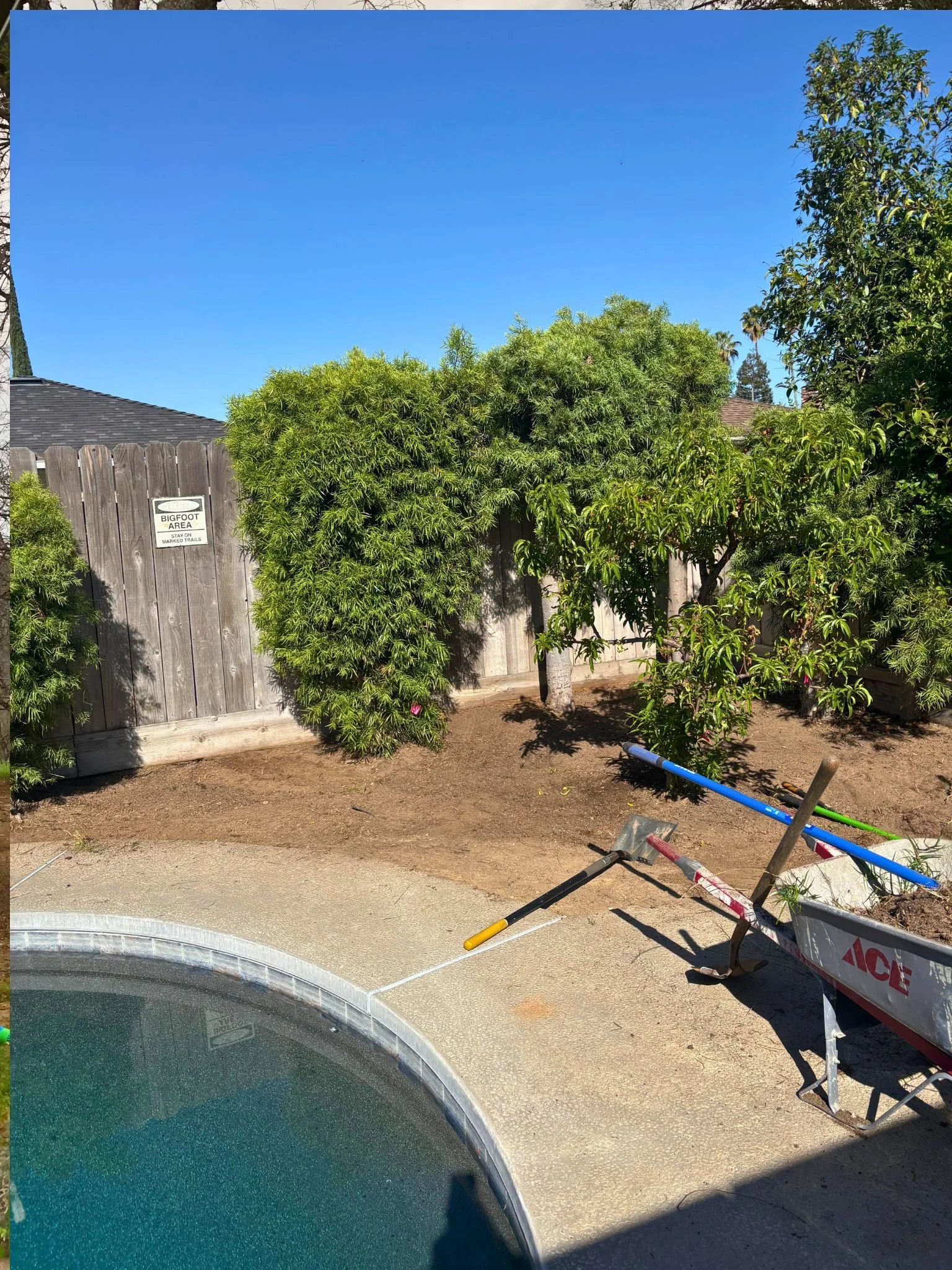 View from inside a car showing a backyard with a wooden fence, green bushes, a tree, and a clear blue sky. Construction tools and materials are on the ground, and part of the swimming pool is visible at the bottom of the image.