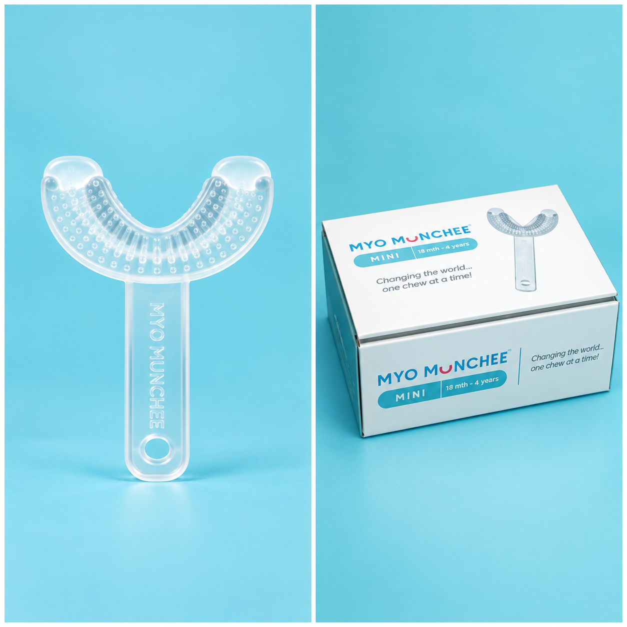 The Myo Munchee is a small chewing device made of soft, medical grade silicone.
Shaped like a mouthguard, with a handle attached, the mouthpiece is soft, but durable, with lots of silicone prongs, which massage the teeth and gums. $120 all sizes ( Be
