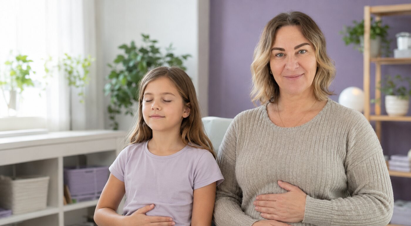 Francesca Clarke guiding a child through a calm nasal breathing exercise