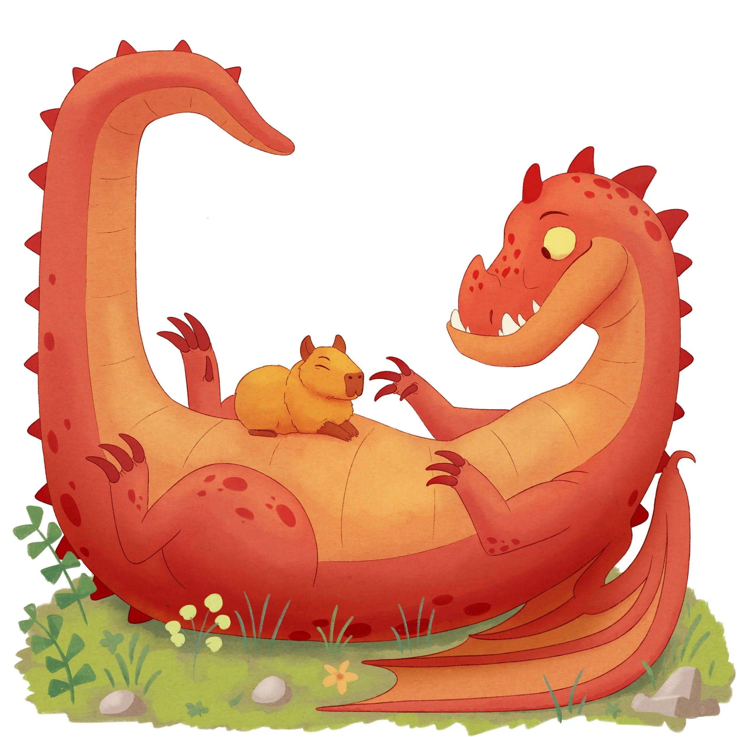 Dragon Pet features a curious dragon who has found a stoic capybara to be its pet.