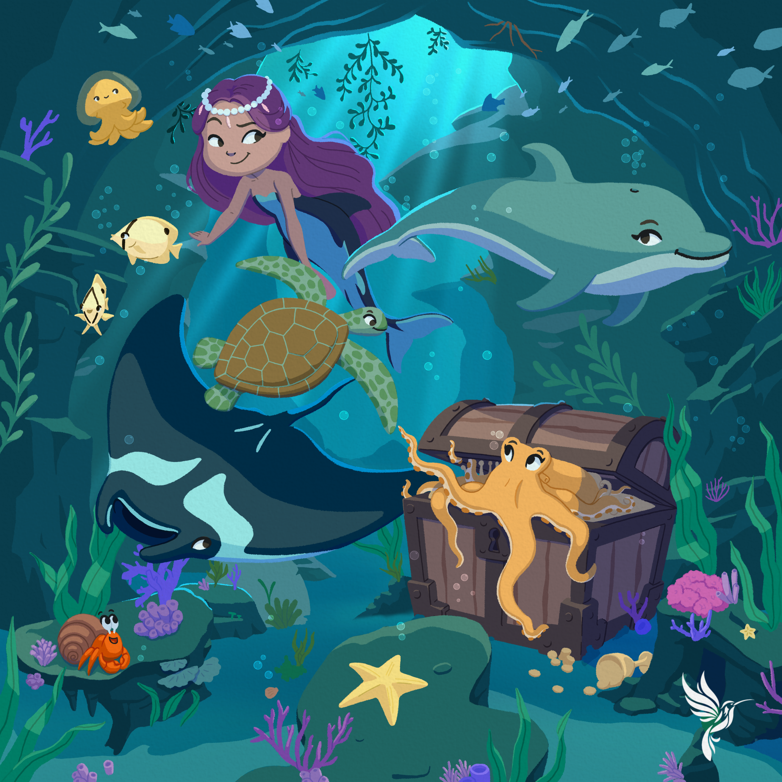 Undersea Adventure features a young mermaid exploring an underwater cave with her aquatic pals