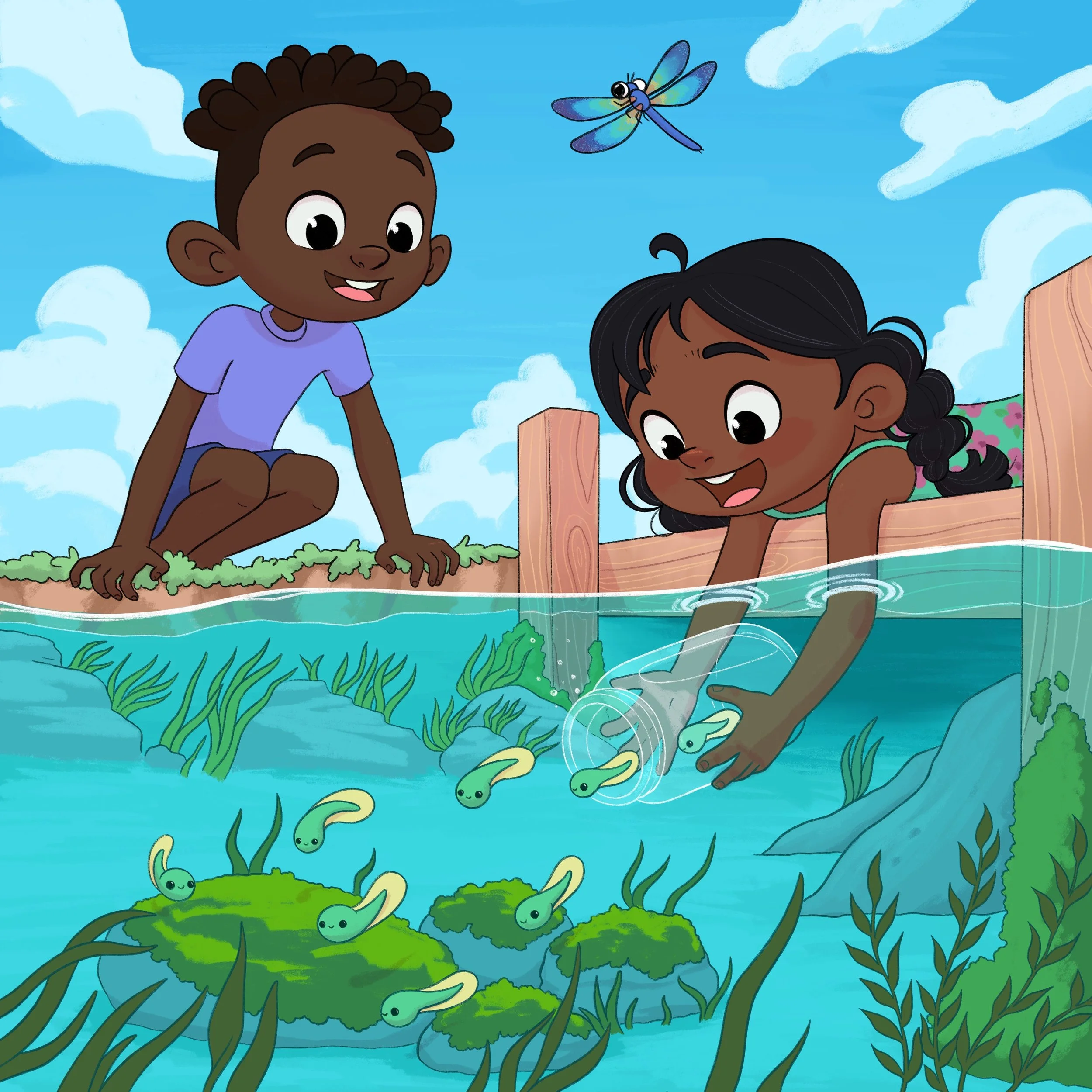 Tadpoles features two young children releasing tadpoles into a pond