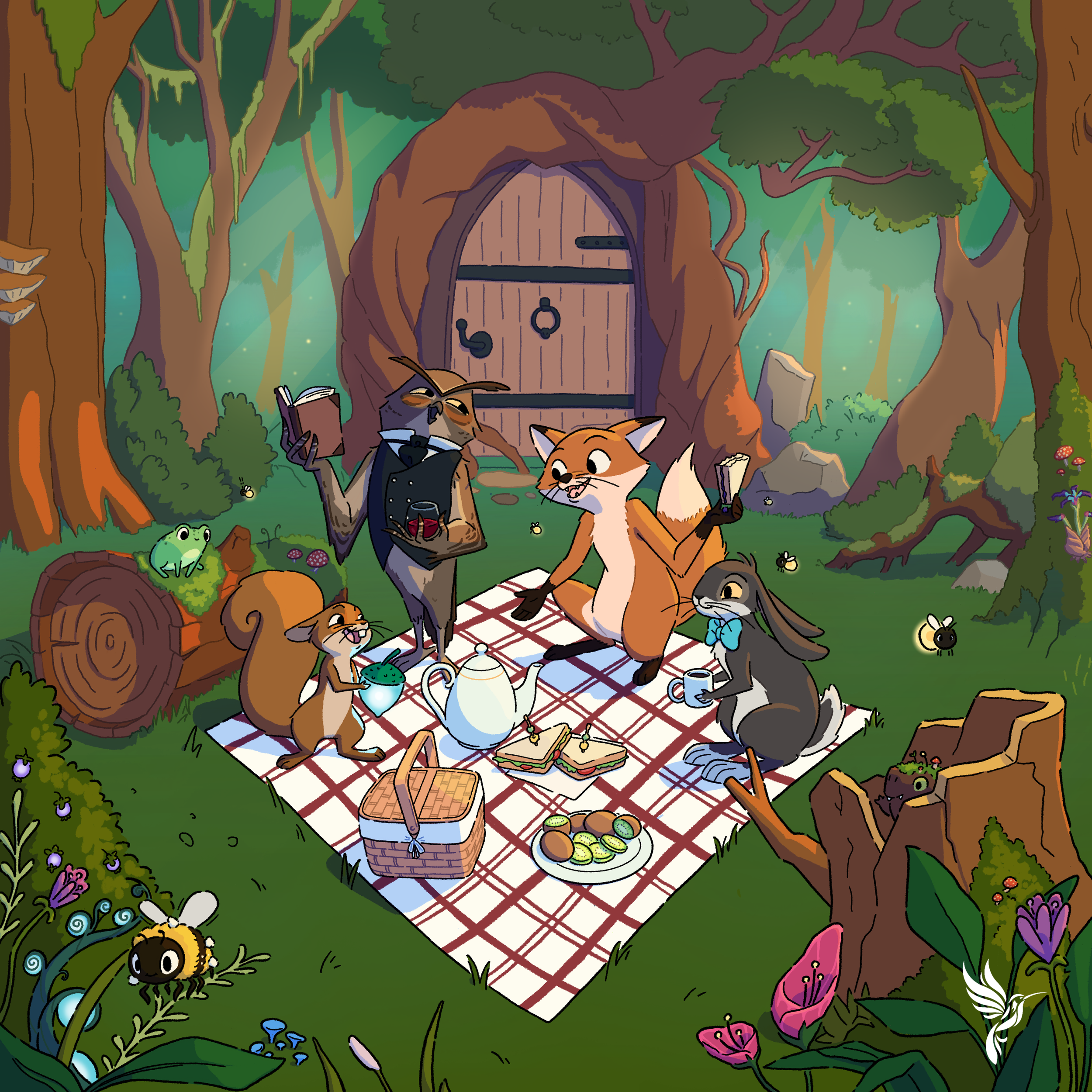 Whimsical Picnic depicts a group of friends sharing a picnic in a mystical forest, including the wise owl, the cunning fox, the charming bunny and their friend the squirrel who has found a magical acorn