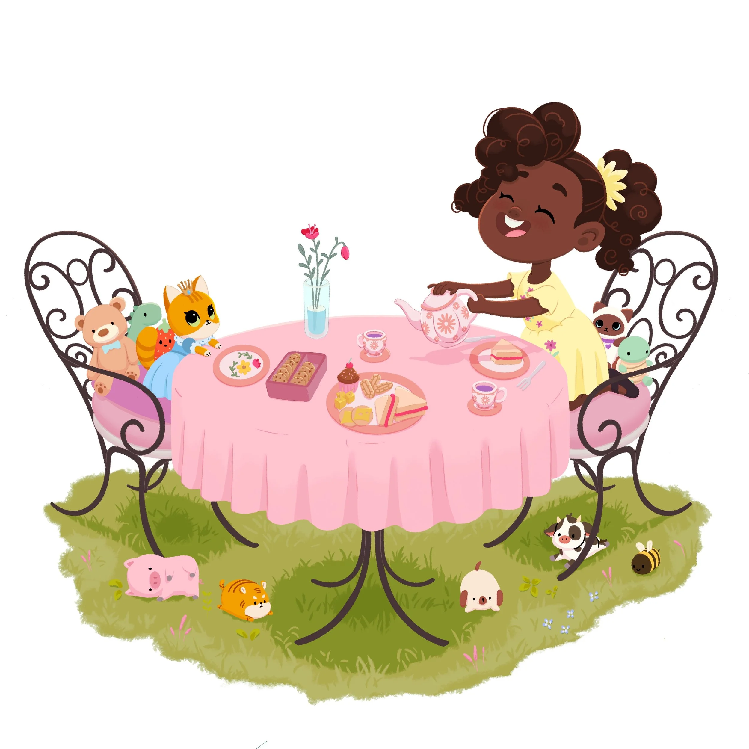 The little tea party features a young girl serving tea to her pet kitten and stuffed animals