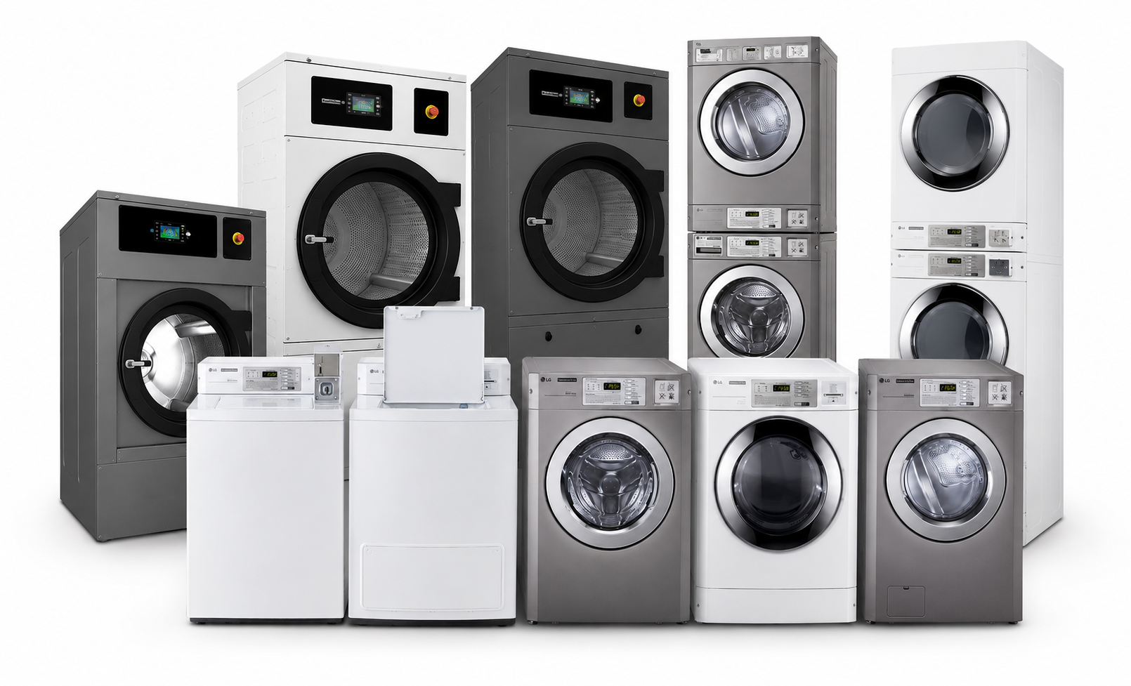 A collection of front-loading washing machines and dryers in black, white, and gray, arranged against a plain white background.
