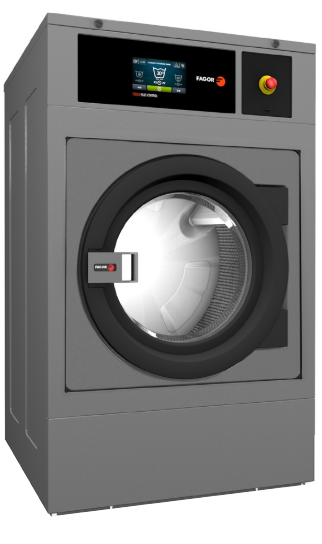 Commercial front-loading washing machine with digital display and control panel