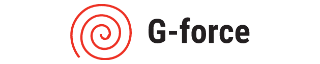 G-force logo with red spiral icon and black text
