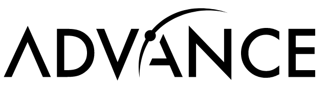 The word 'ADVANCE' with a stylized speedometer needle replacing the letter 'A'