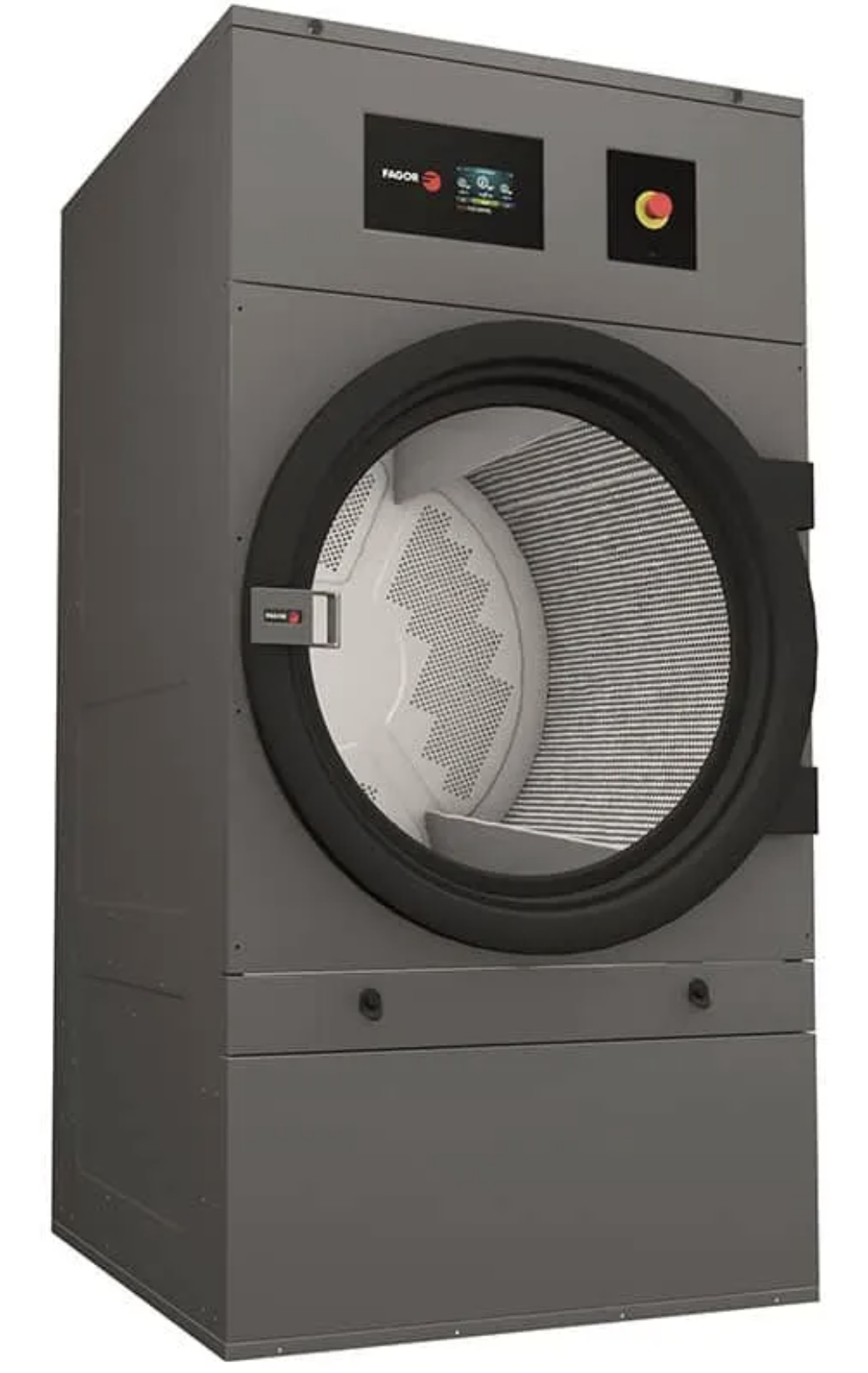 Commercial industrial washing machine with digital control panel and emergency stop button.