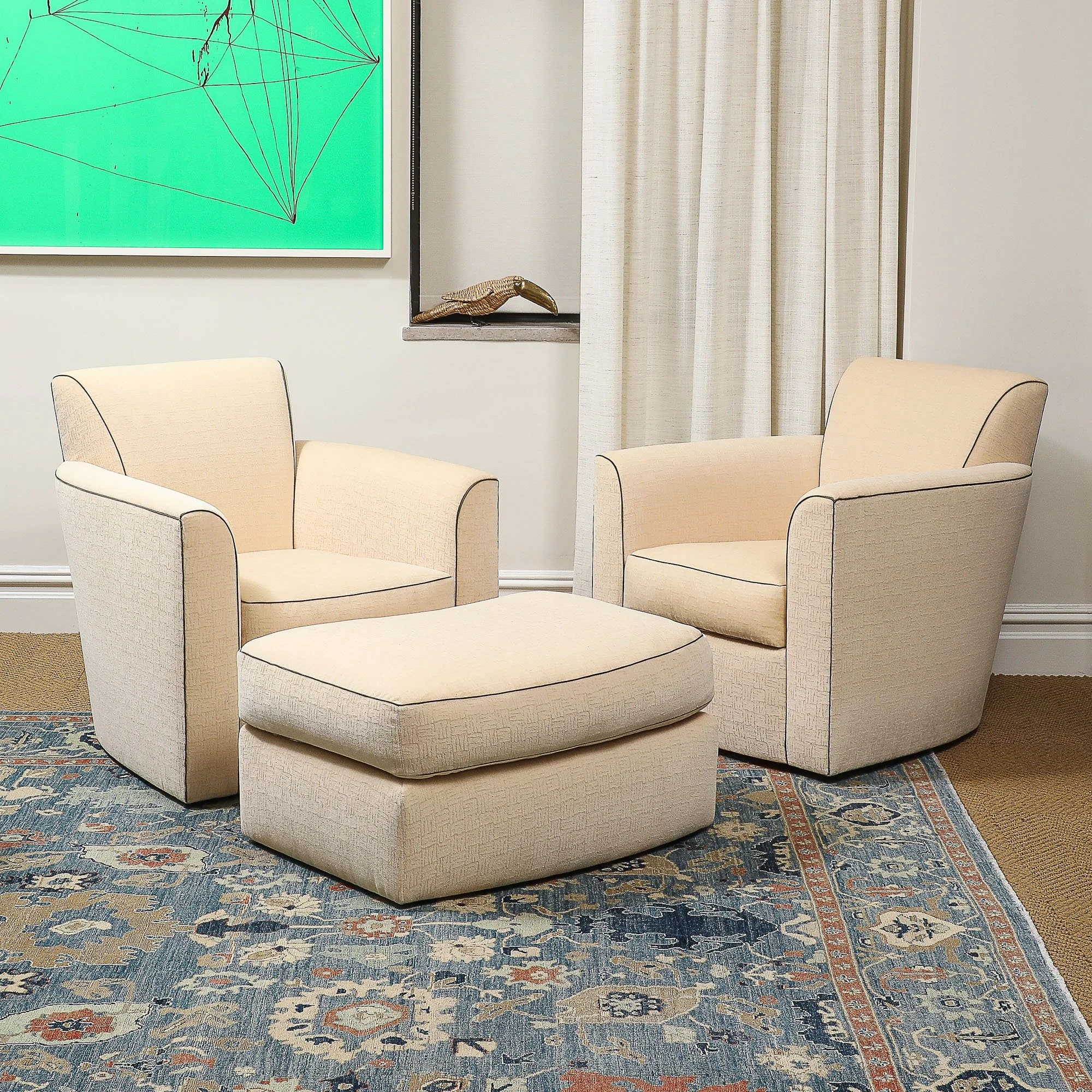 Pair of Deco Style Armchairs and Ottoman