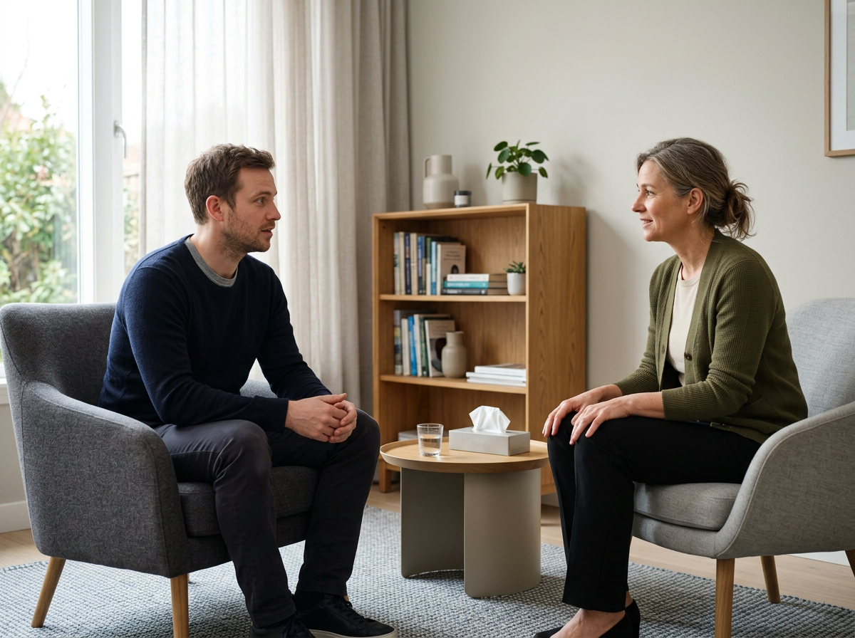 Man attending his first trauma therapy appointment, speaking with a psychologist in a welcoming office environment.