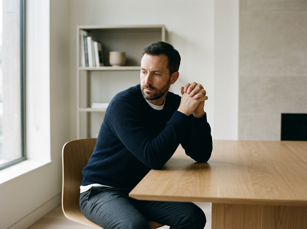 Man sitting alone after work, reflecting how trauma symptoms can show up differently in men.