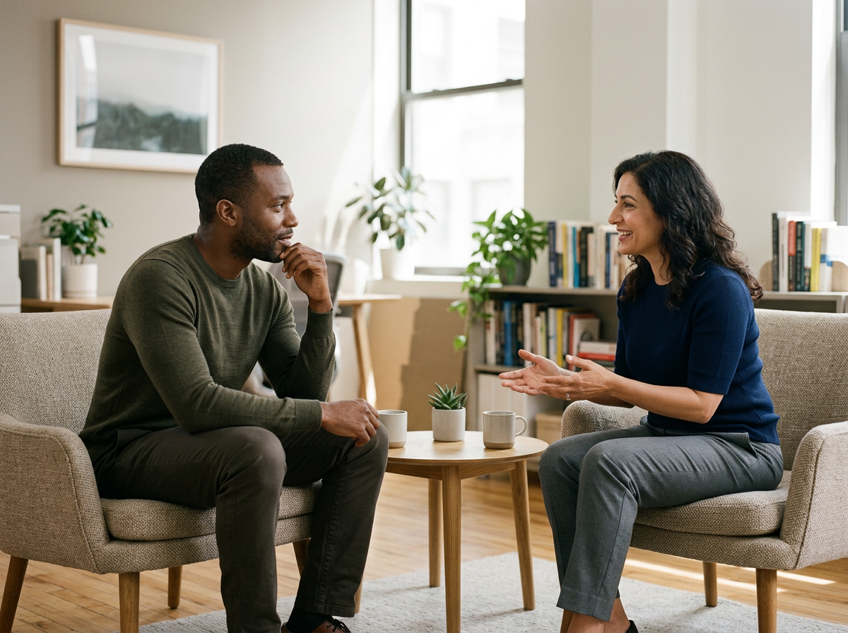 Man having a relaxed conversation with a therapist during structured evidence-based trauma therapy.