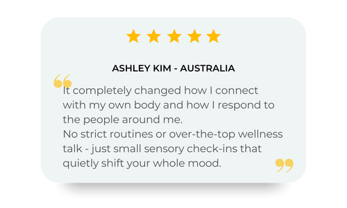 Testimonial card with five gold stars at the top, the name Ashley Kim from Australia, and a quote about personal connection and wellness.