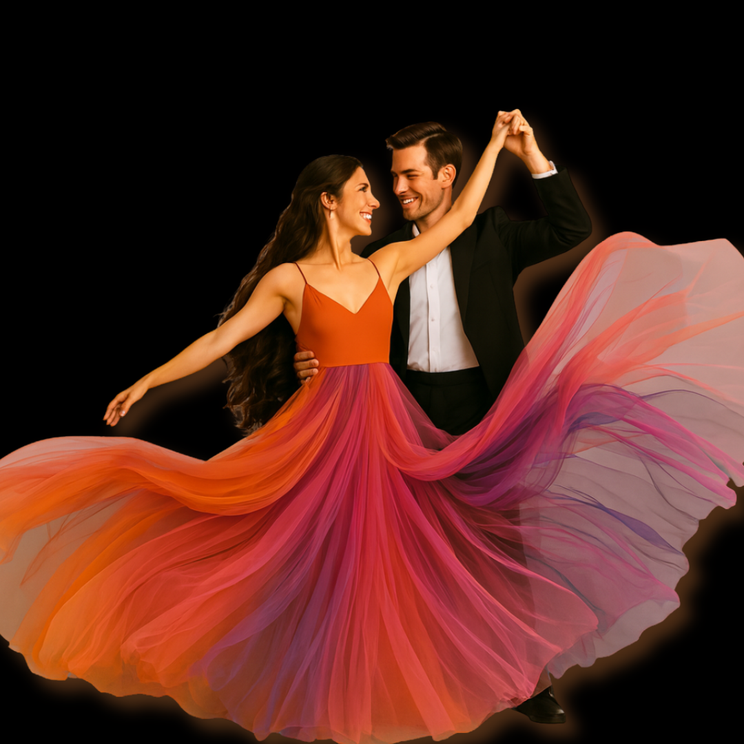 A couple dancing, with the woman wearing a flowing, colorful dress and the man in a black tuxedo, against a black background.