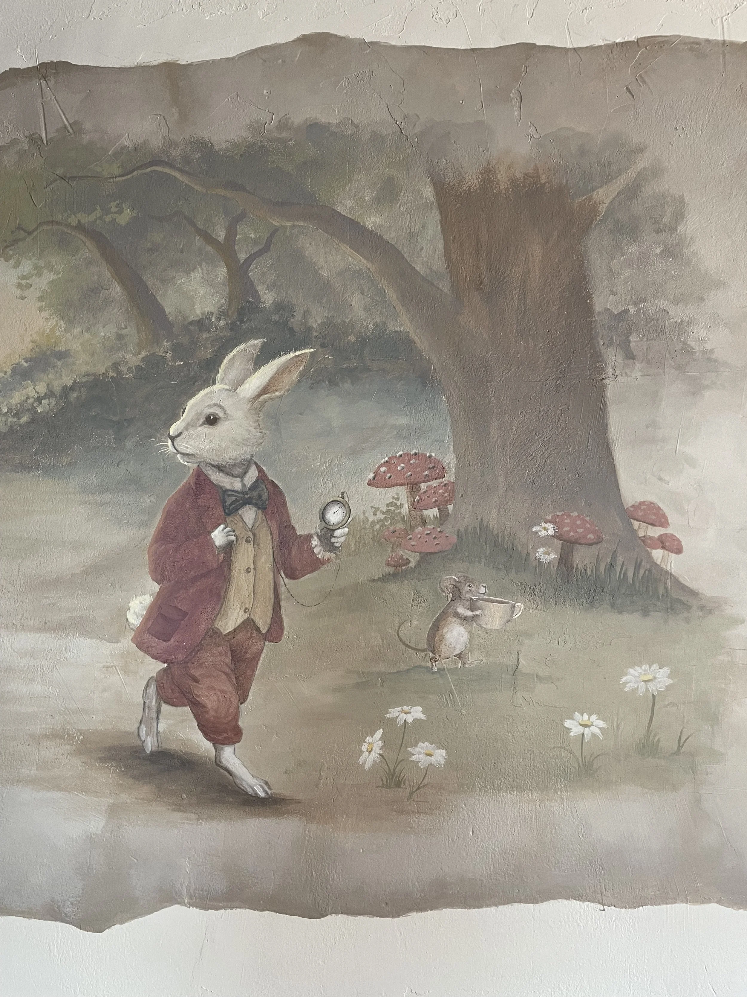 A painted illustration of a rabbit dressed in a red coat and pants, holding a pocket watch, standing with one foot raised. There are red mushrooms with white spots and white daisies on green grass, a large tree, and background trees, creating a whims