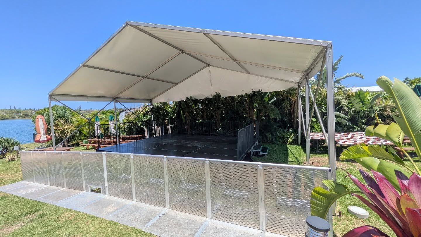 6m wide x 5m deep deck stage with stairs, stage skirt, and handrails. 
We also provided PA risers to keep the audio system level on this hill, and 10m of crowd control barrier. 
@shawsbayhotel 
@sneakysoundsystem 
@marshallandthefro