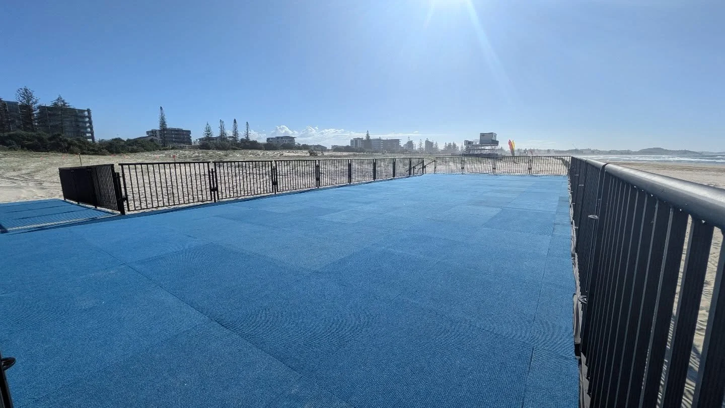 VIP platform and presentation stage looking sharp for @slsaustralia Aussies in Kirra. 
As usual, we installed blue carpet tiles, and gave the handrails a fresh black coat so they look extra 👌
